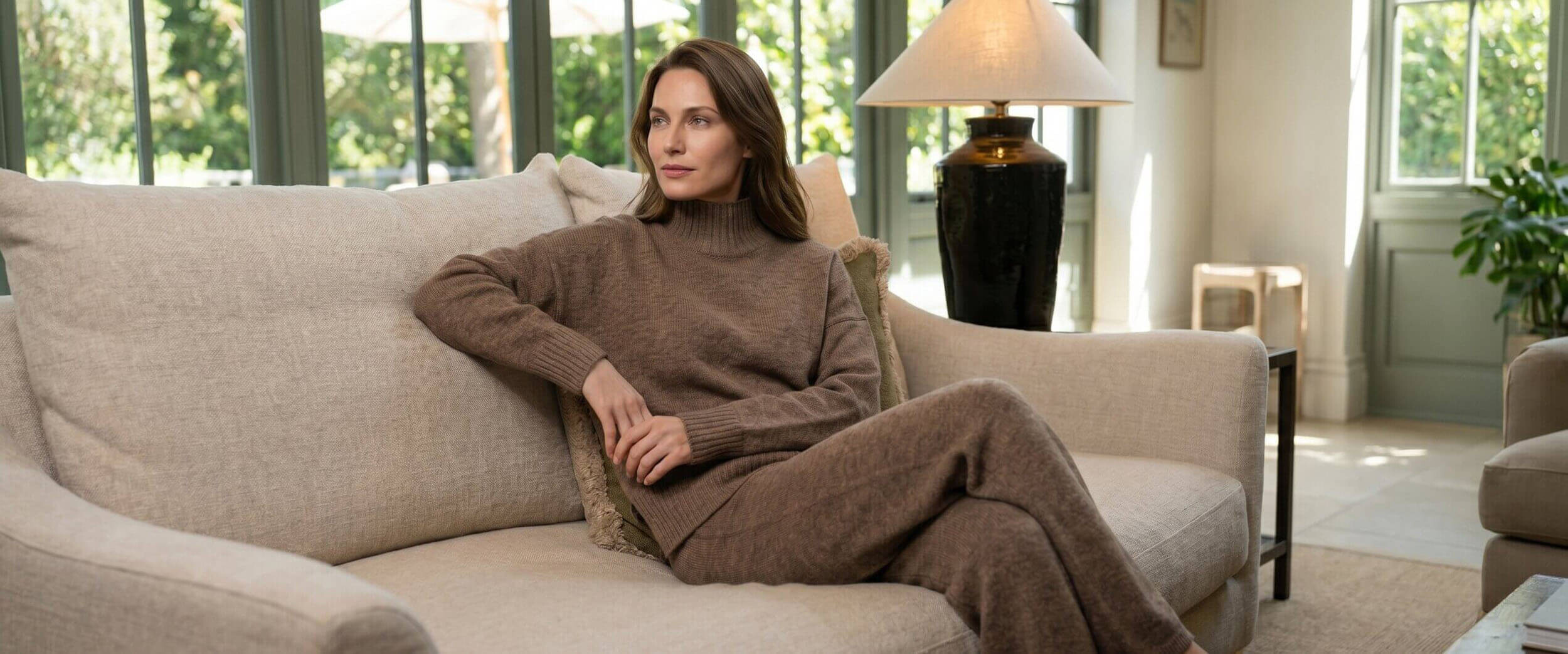 Frau in gemütlichem braunem Strickpullover und Hose entspannt sich auf einem Sofa in einem hellen Raum.