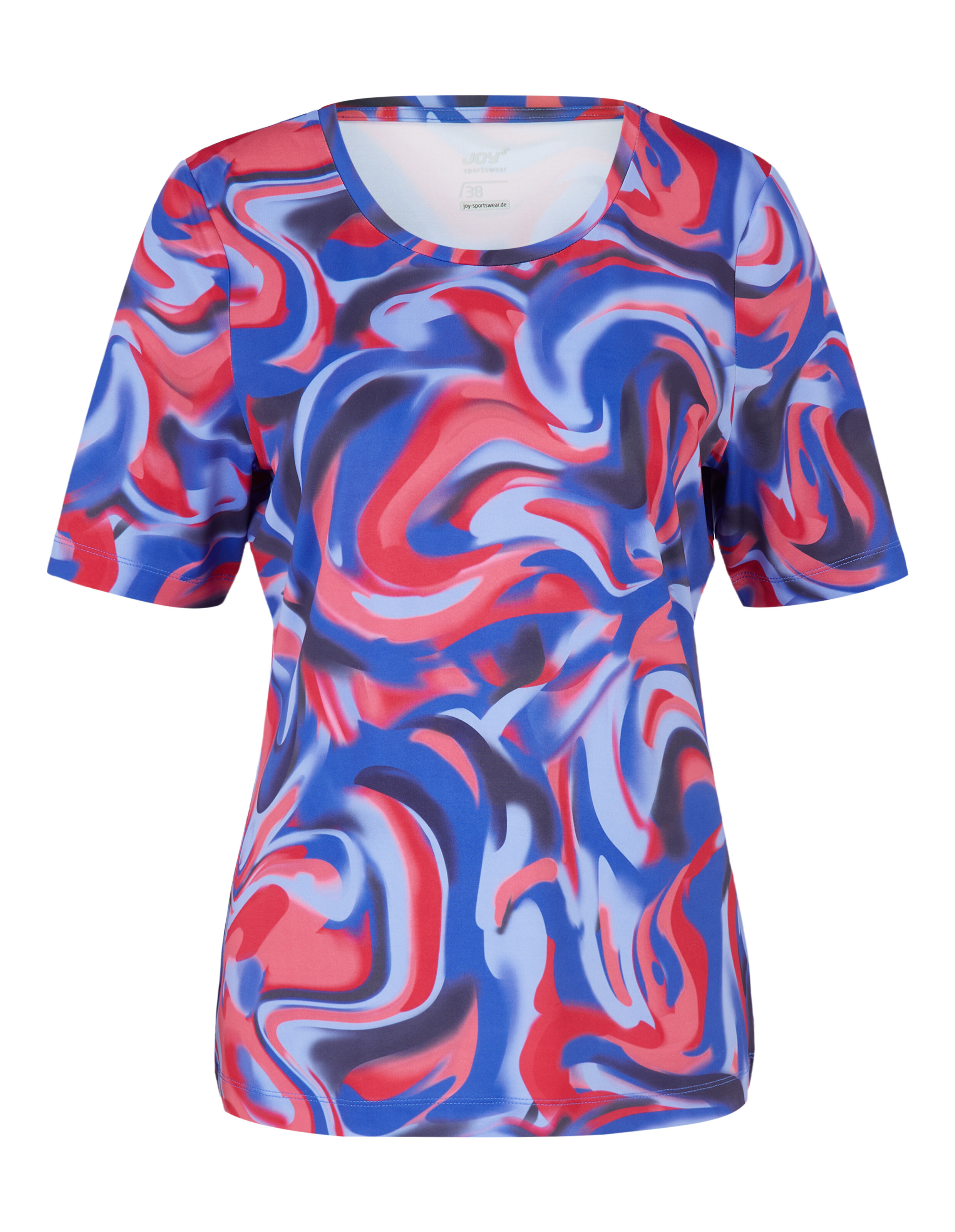 Kurzärmliges Damen-T-Shirt mit blauem und rotem abstraktem Wirbelmuster.