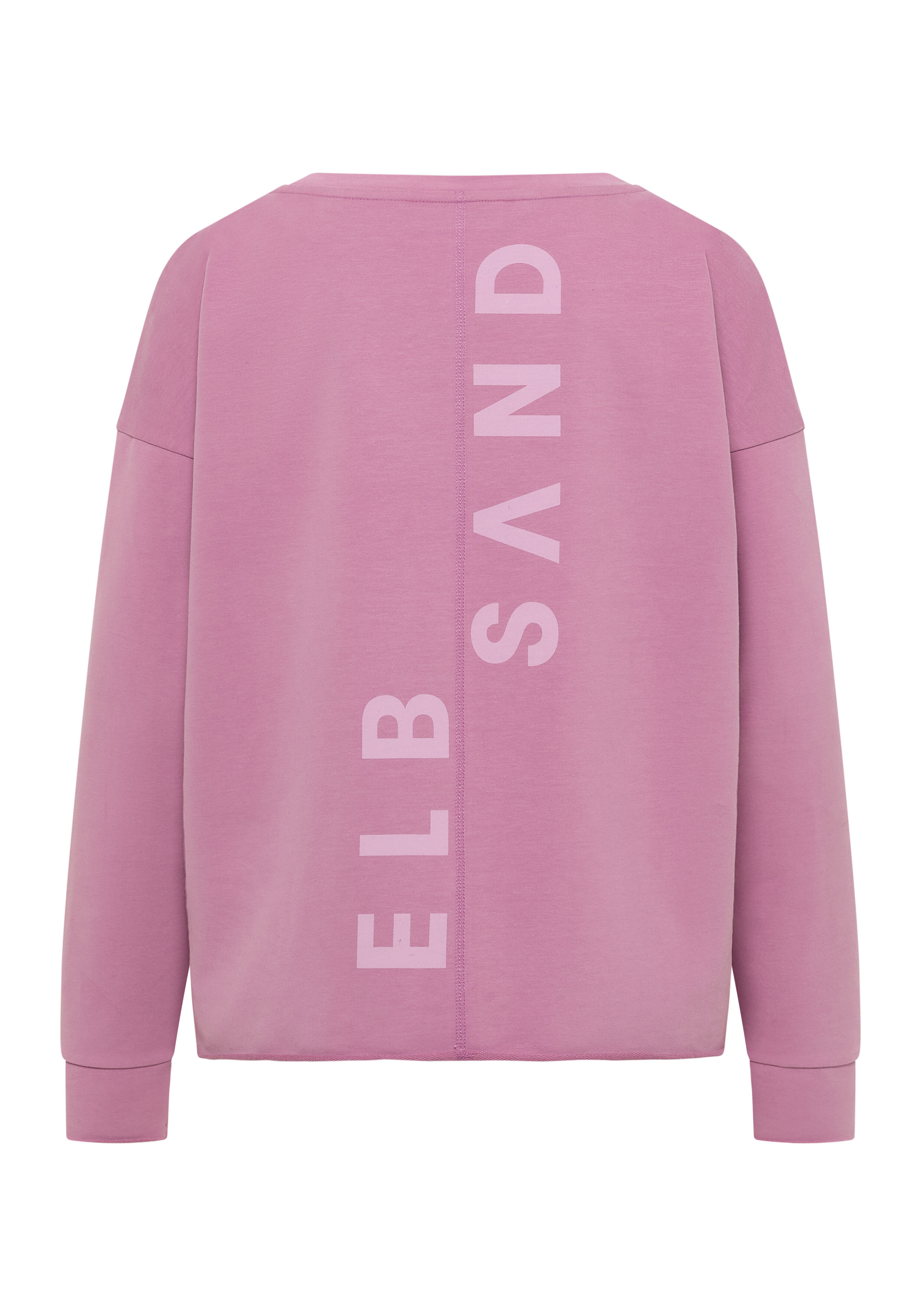 Rückansicht eines gemütlichen rosa ELBSAND Langarm-Freizeit-Sweatshirts mit Logo-Print.
