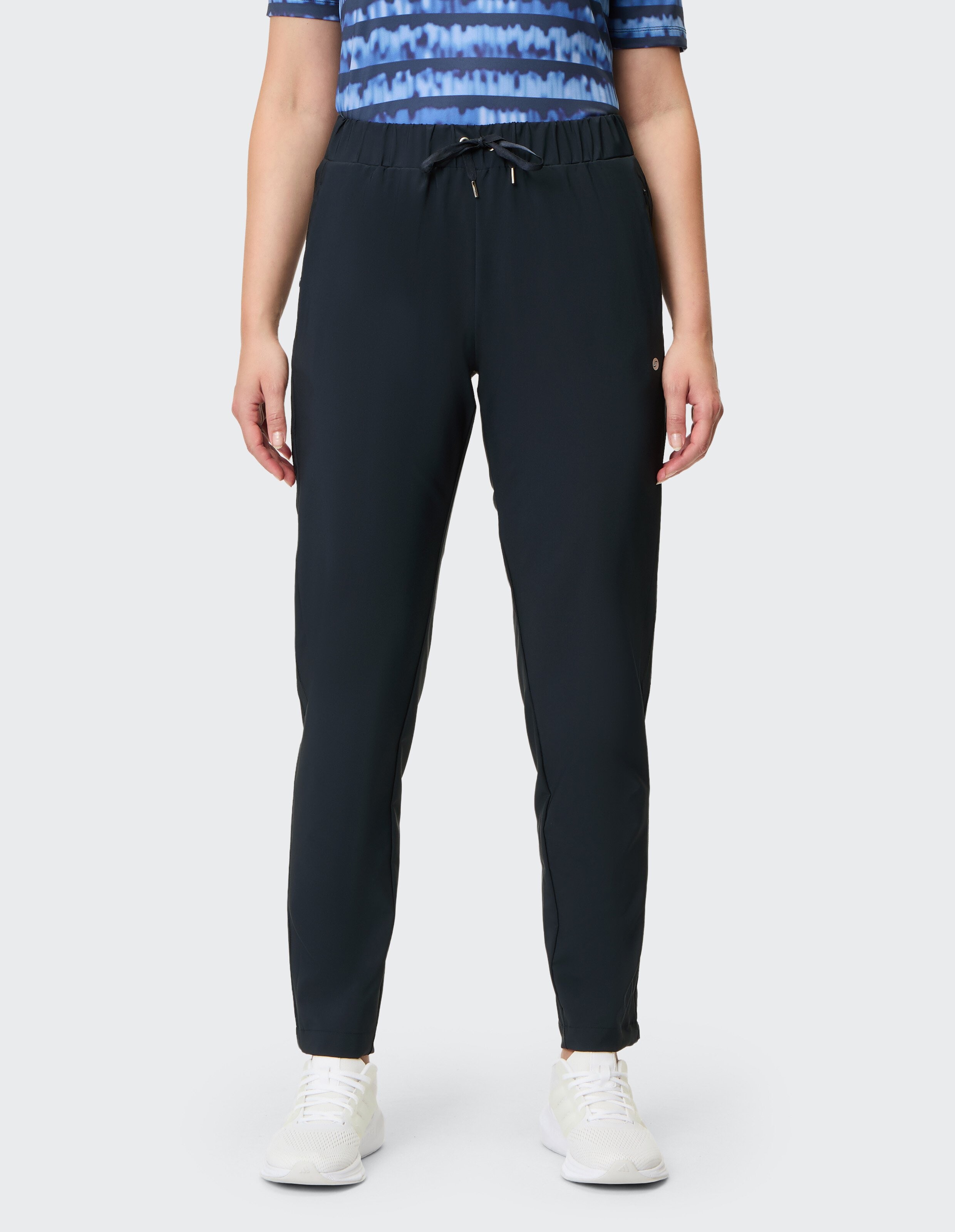 Lässige schwarze Damen-Jogginghose mit elastischem Bund und Kordelzug.