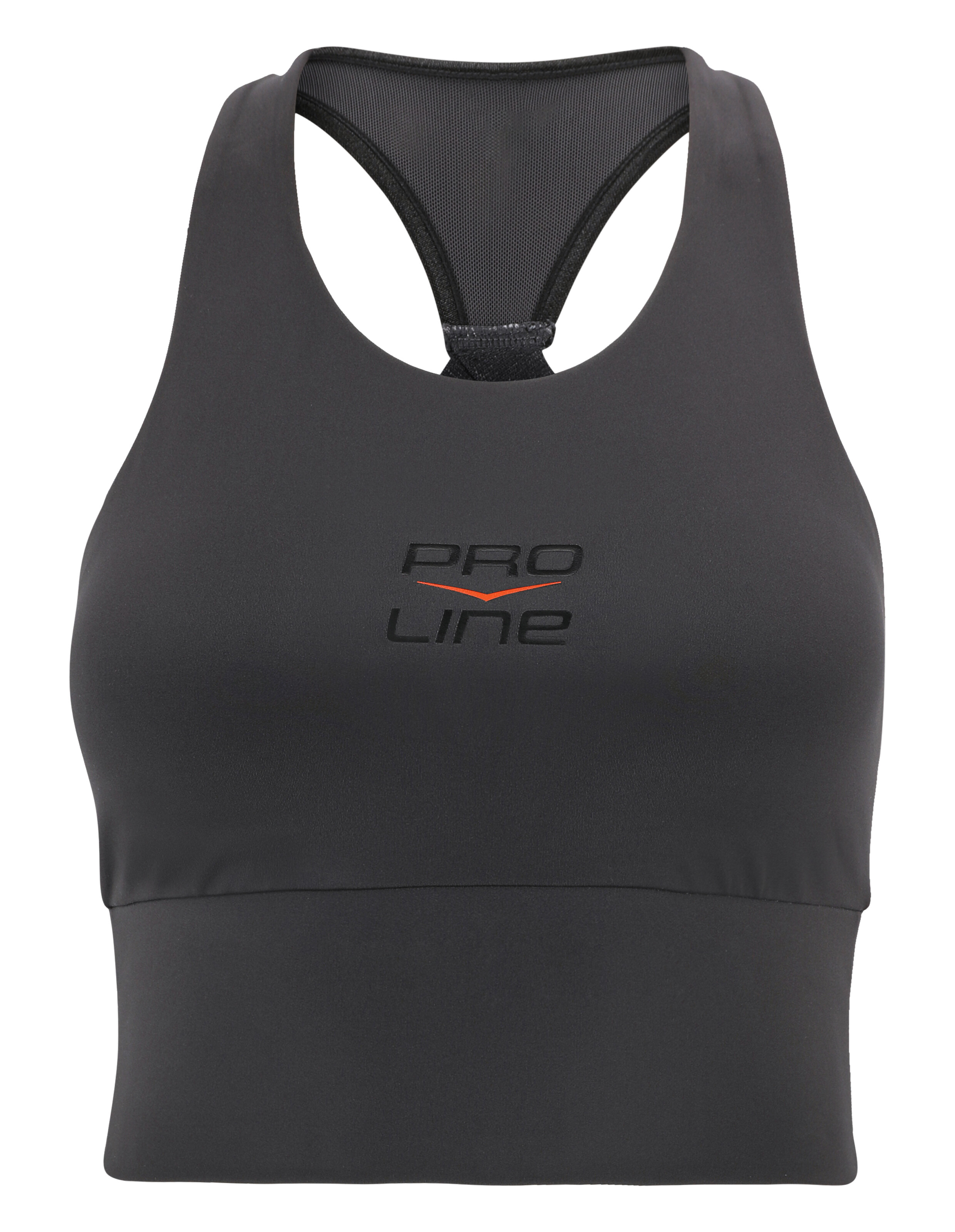 Schwarzer Racerback-Sport-BH mit Pro Line-Logo für bequeme, lässige Trainingskleidung.