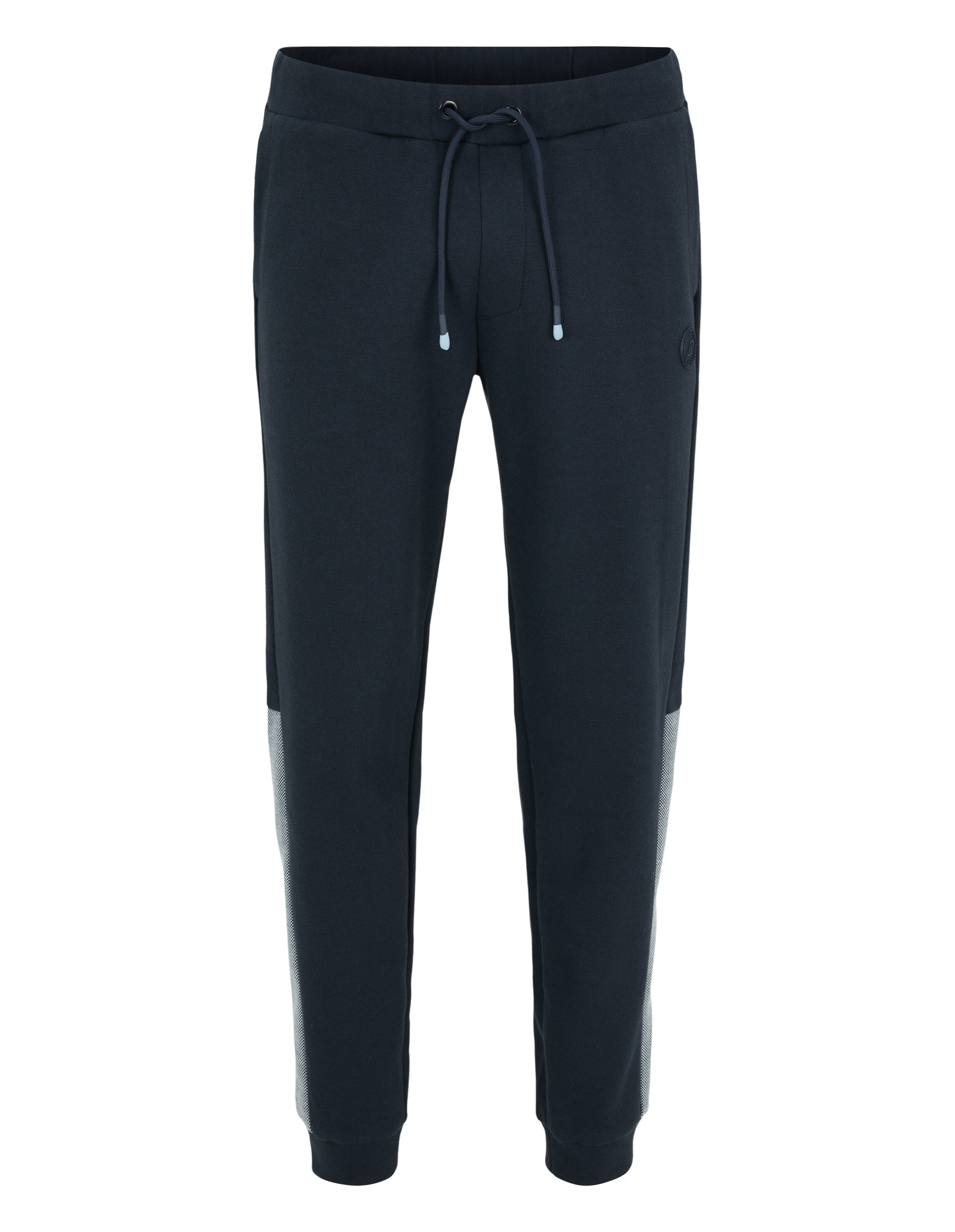 Marineblaue, lässige Jogginghose mit grauen Seiteneinsätzen und verstellbarem Kordelzug.