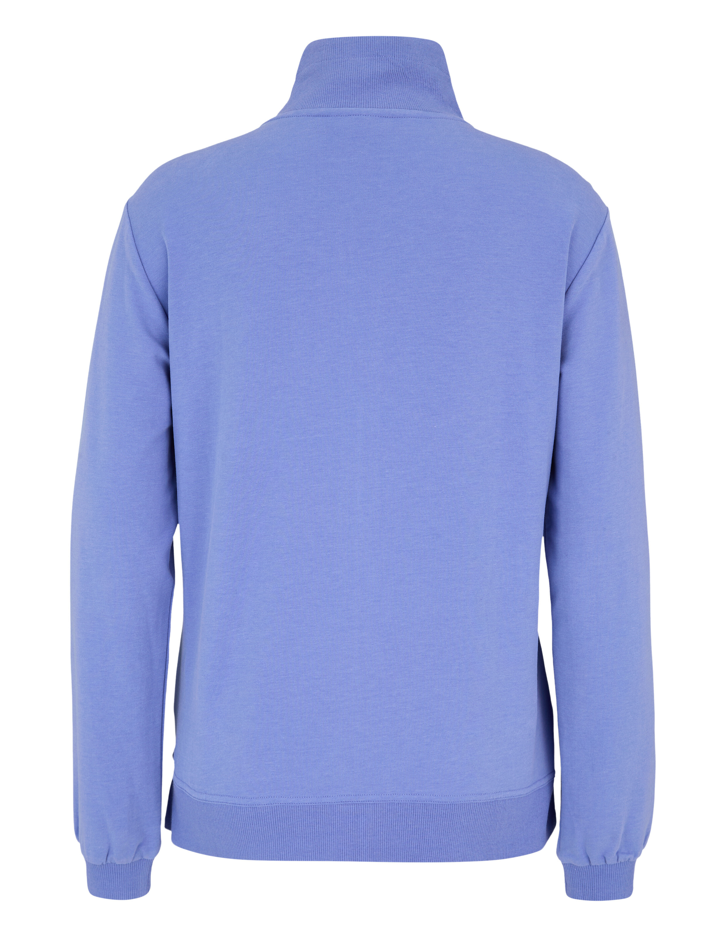 Rückansicht eines kuscheligen hellblauen Pullovers mit hohem Kragen und Rippbündchen.