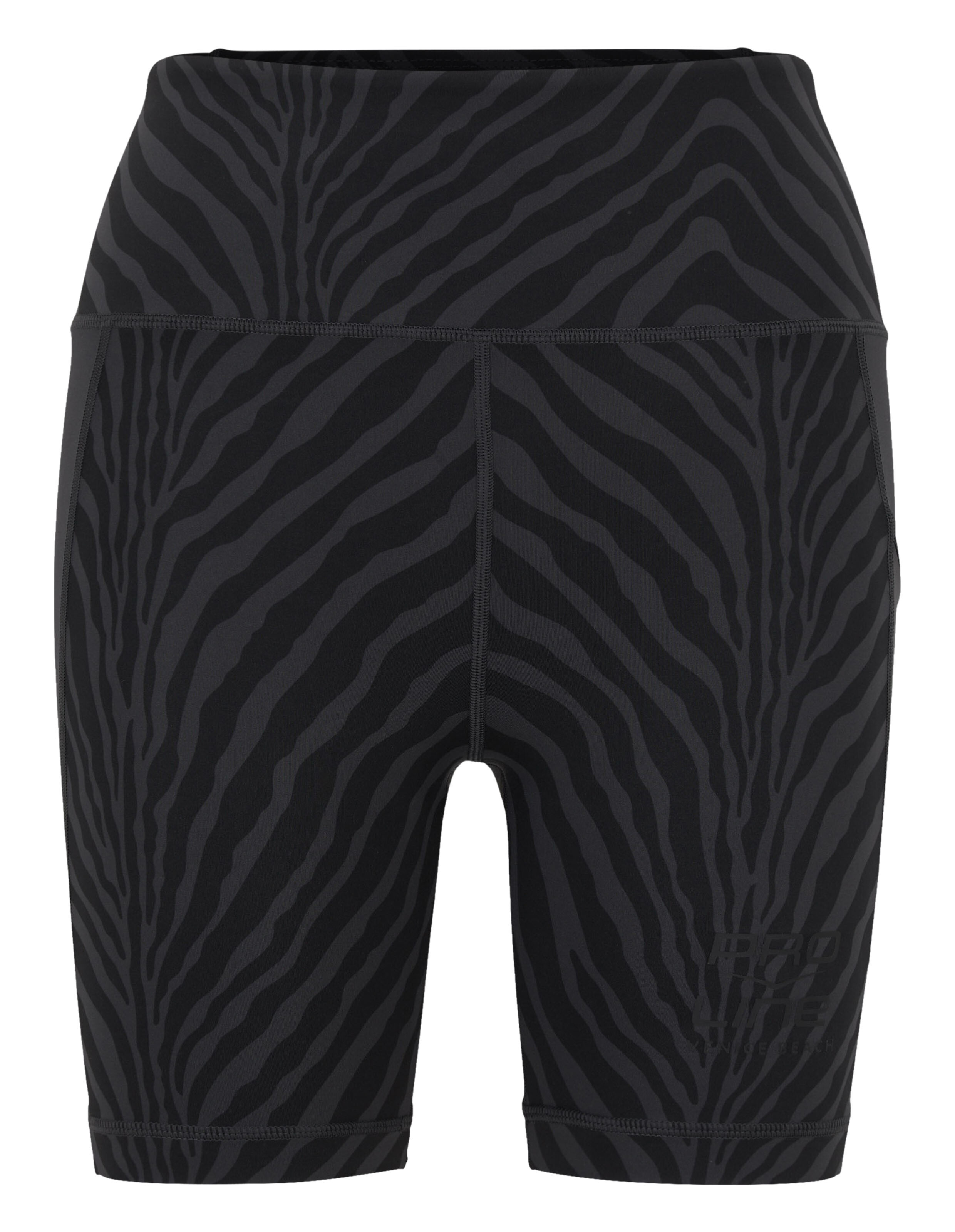 Schwarze Bikershorts mit hohem Bund und dezentem, dunklem Zebramuster für Freizeitkleidung.