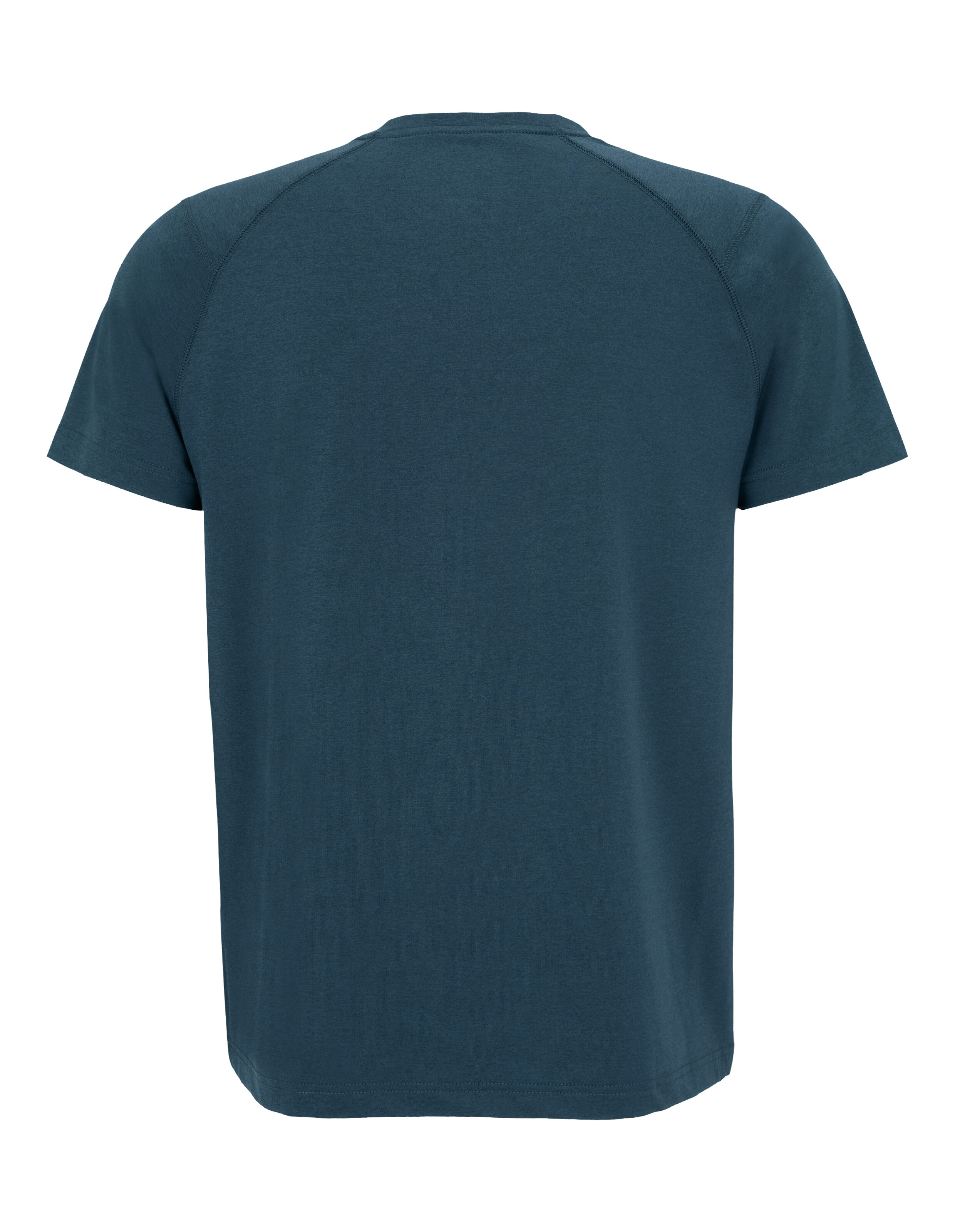Rückansicht eines lässigen dunkelblauen T-Shirts mit kurzen Ärmeln.