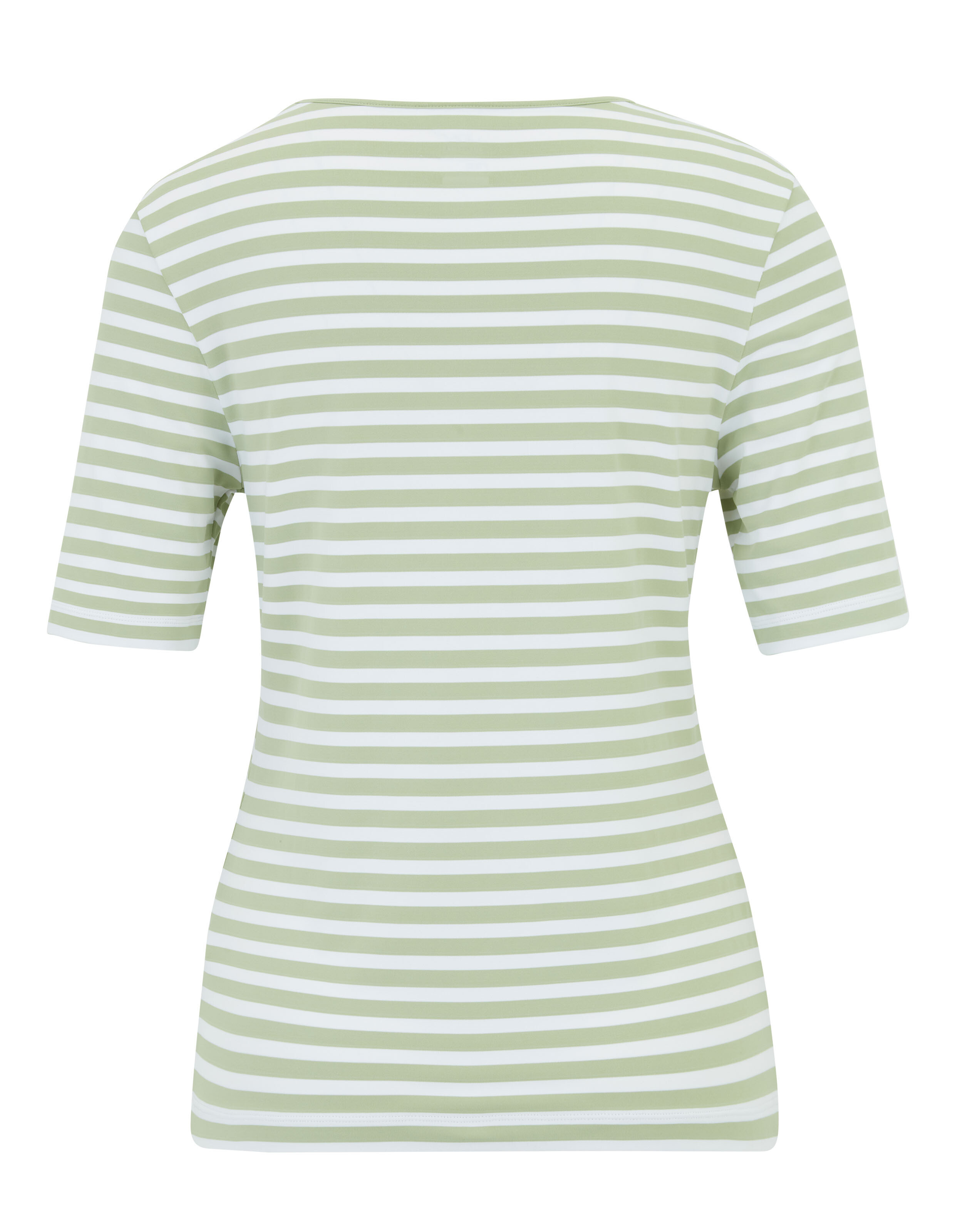 Kurzärmliges T-Shirt mit horizontalen, weißen und hellgrünen Streifen, aus leichtem Stoff mit rundem Halsauschnitt.