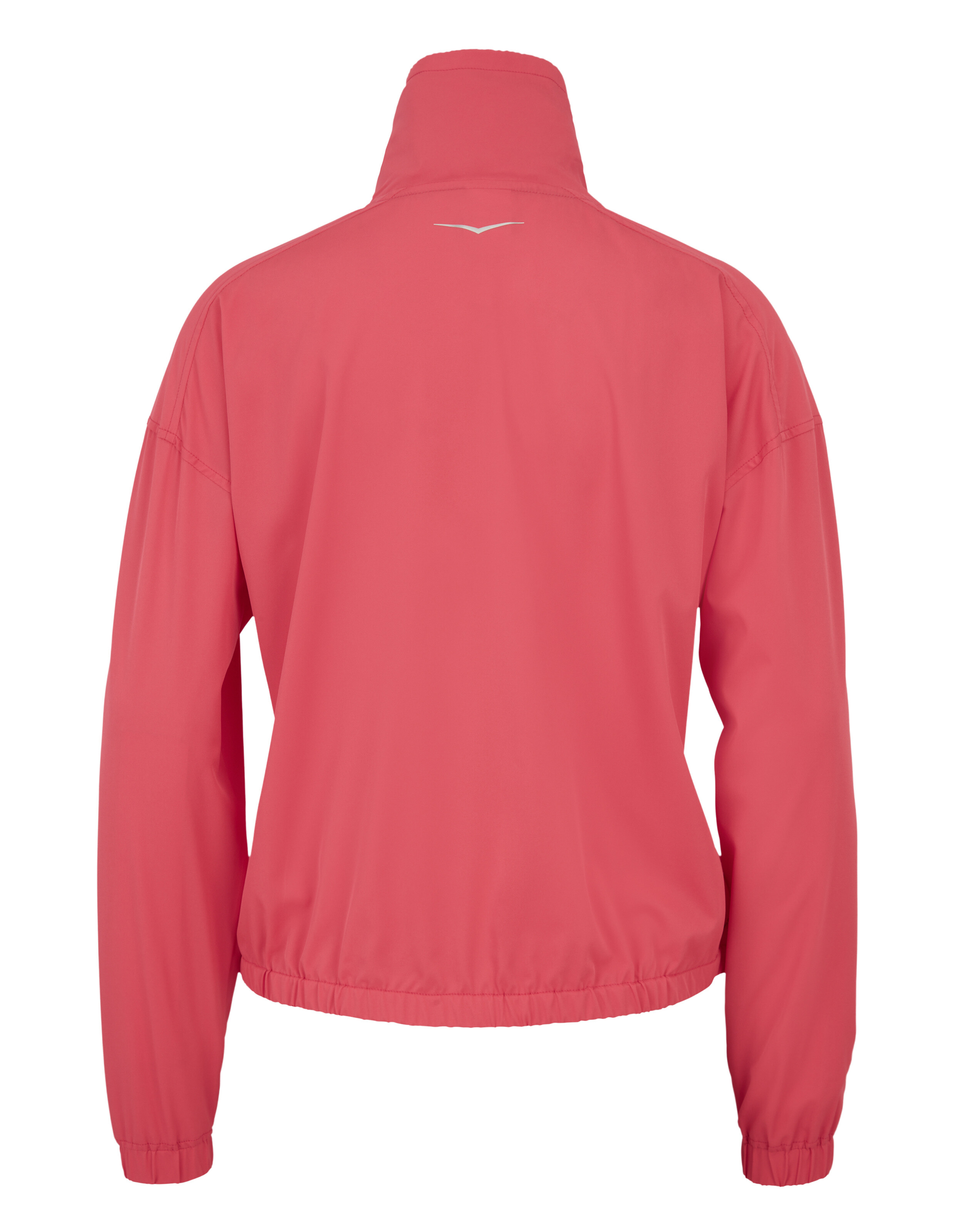 Rückansicht einer korallenroten Freizeitjacke mit Reißverschluss, Stehkragen und elastischem Saum.