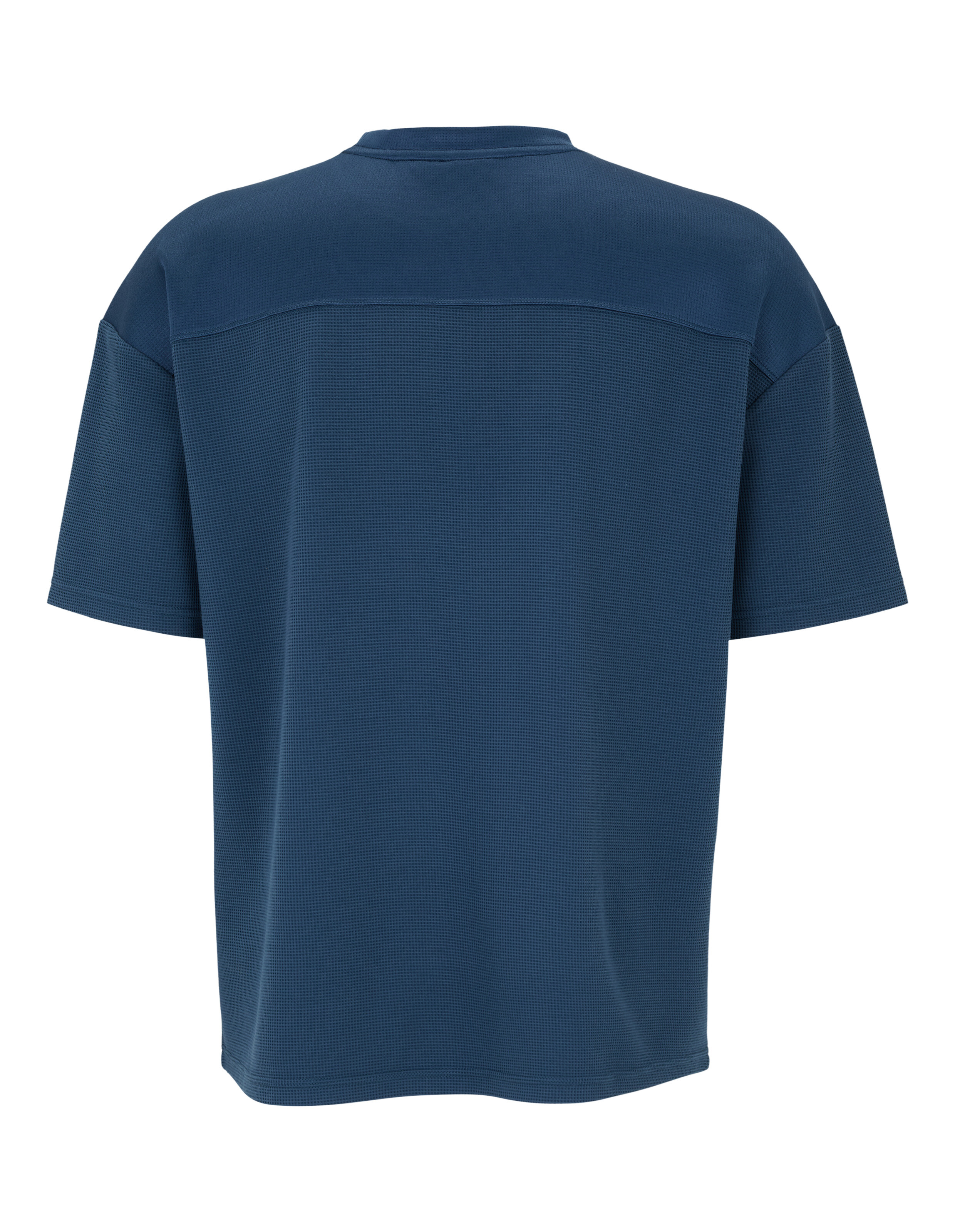 Ein dunkelblaues T-Shirt mit kurzen Ärmeln und Waffelstruktur.
