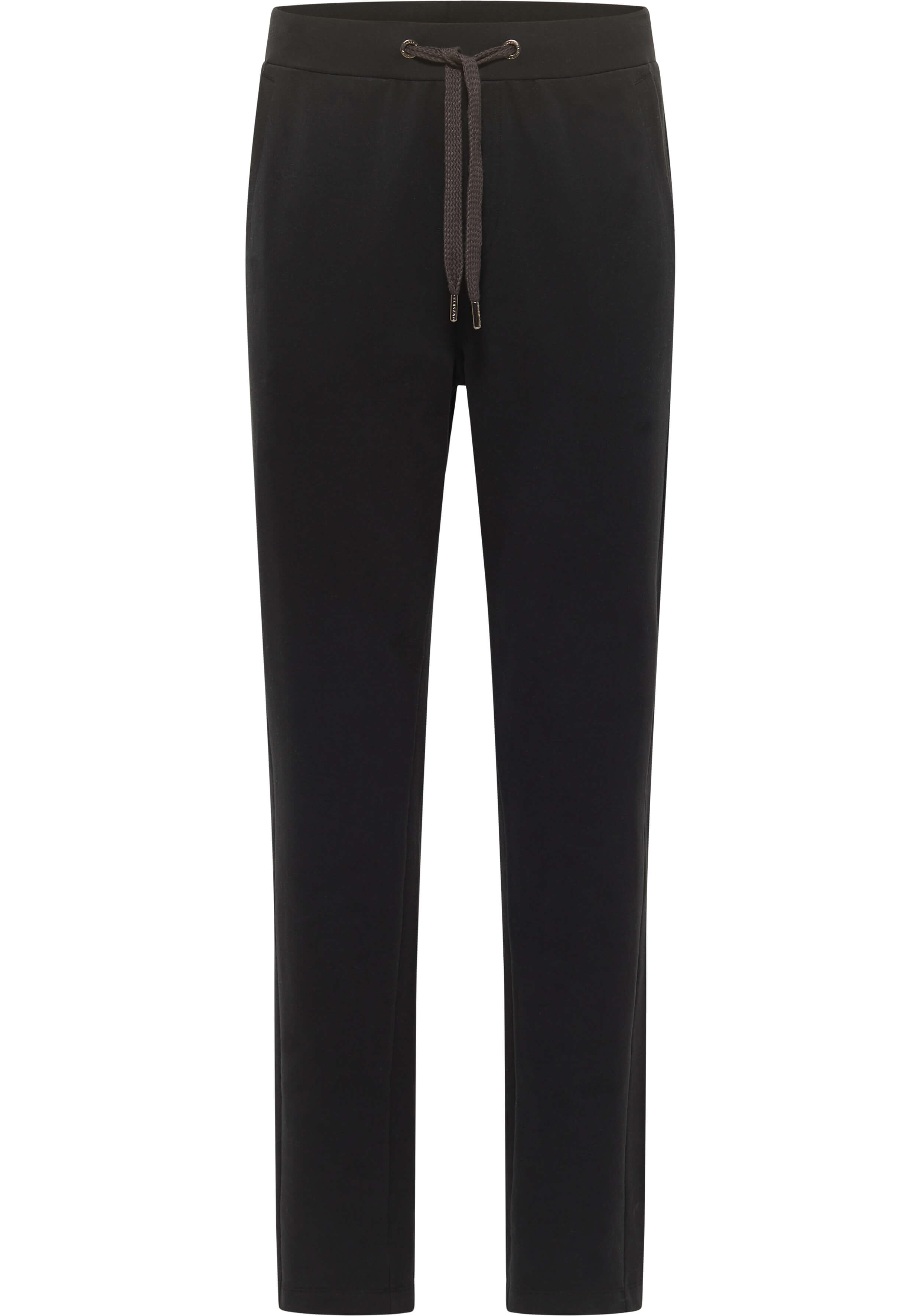 Schwarze, lässige Lounge-Hose mit elastischem Kordelzug in der Taille für bequemen Tragekomfort im Alltag.