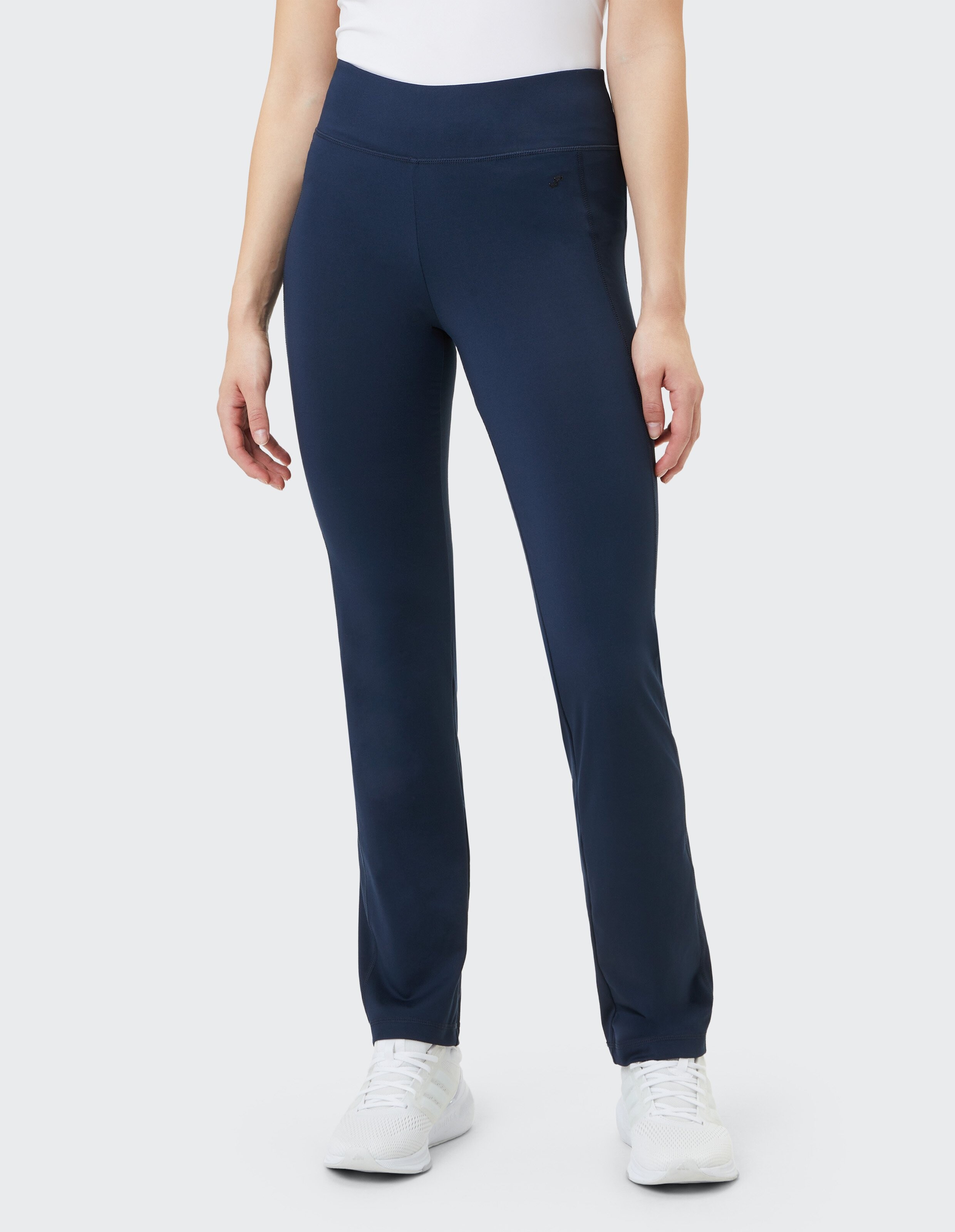 Dunkelblaue, gerade geschnittene Sporthose mit hohem elastischem Bund aus weichem Material, perfekt für Bewegung und Komfort.