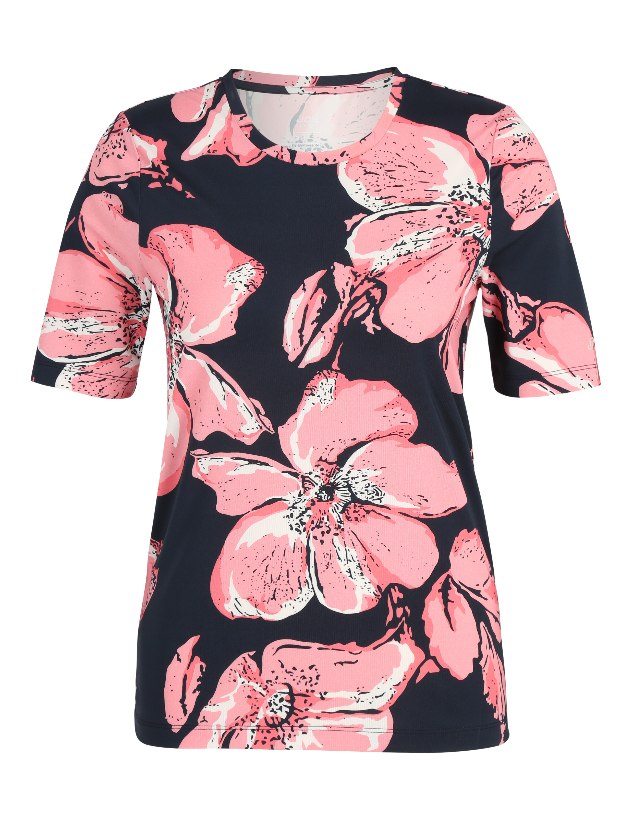 Dunkelblaues T-Shirt mit großen, rosa-weißen Blumenmuster, Kurzarm und Rundhalsausschnitt, stilvoll und lebendig.
