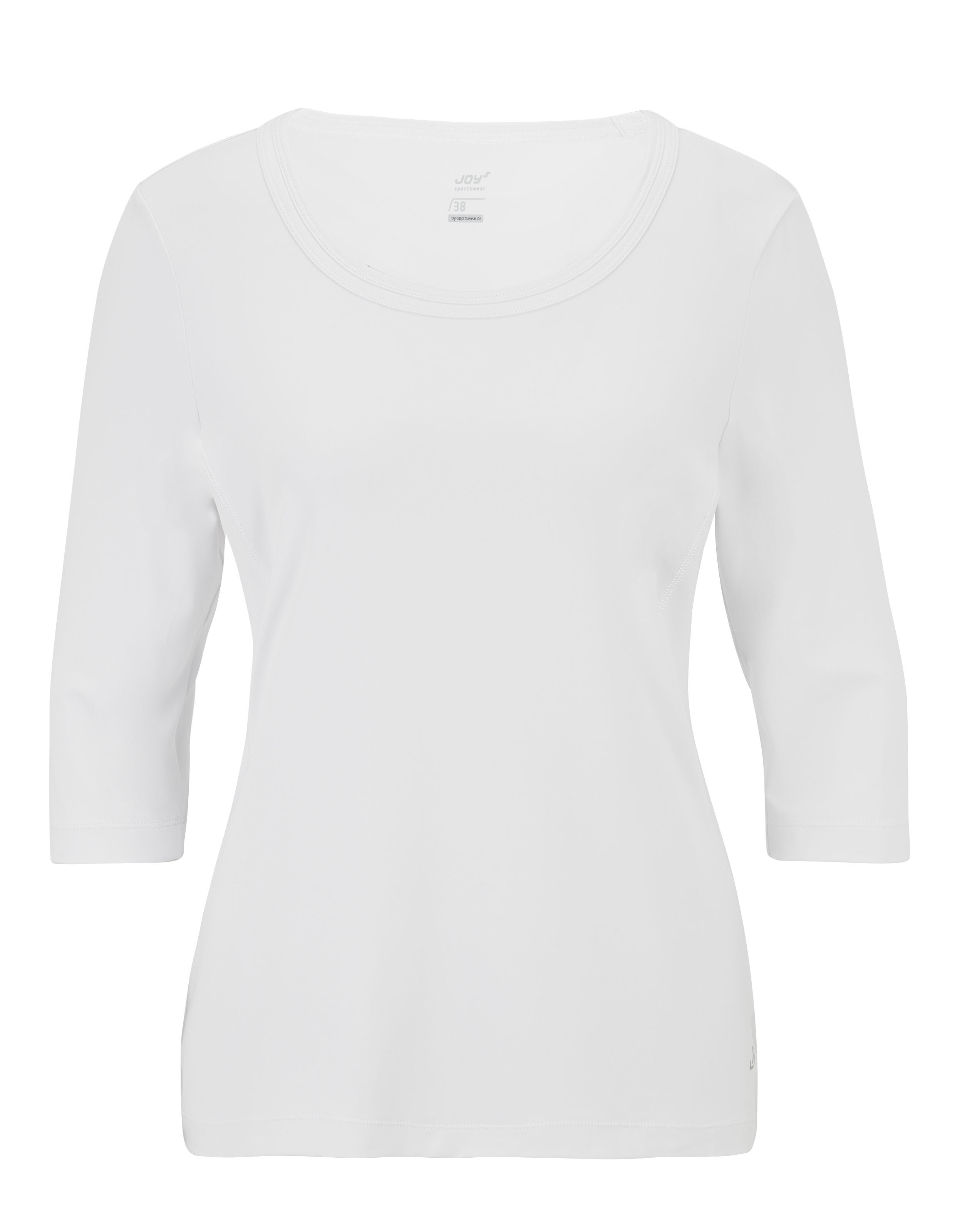 Weißes, schlichtes T-Shirt mit Rundhalsausschnitt und dreiviertellangen Ärmeln, aus glattem Stoff, ideal für lässige Anlässe.
