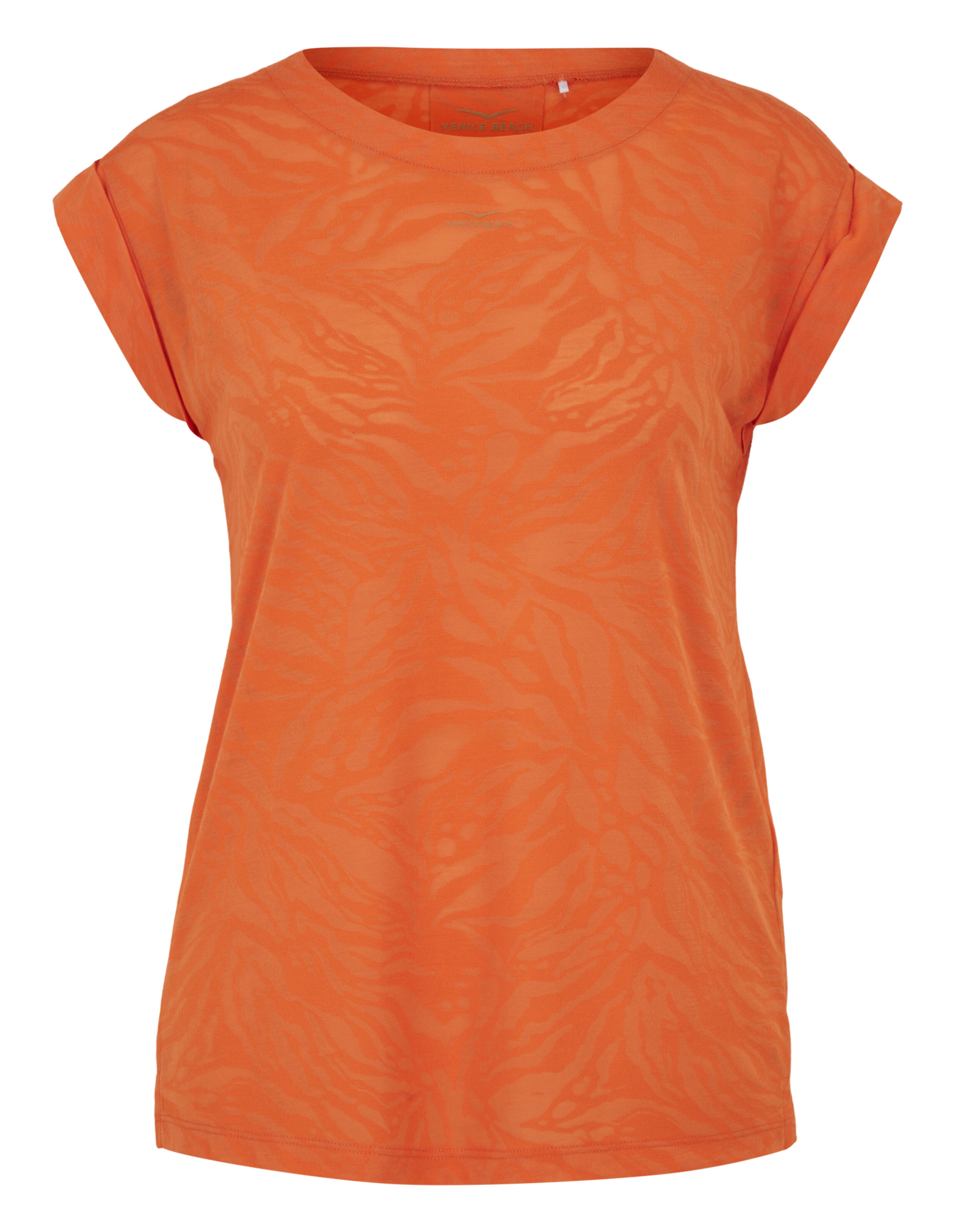 Orangefarbenes, lässiges T-Shirt mit dezentem, farblich abgestimmtem Animal-Print und aufgerollten Ärmeln.
