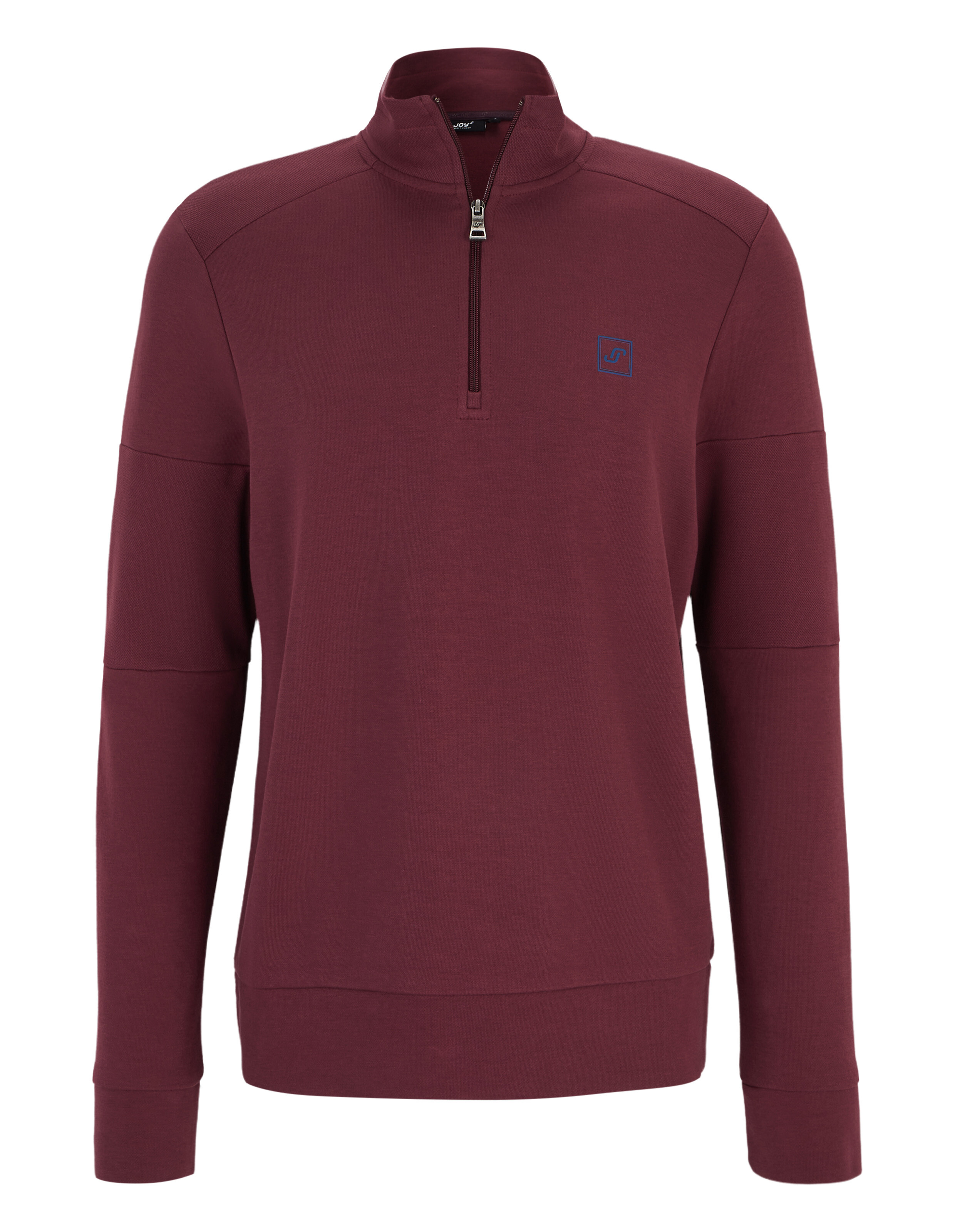Ein bordeauxroter Pullover mit Stehkragen und kurzem Reißverschluss, verziert mit einem kleinen blauen Logo auf der Brust.