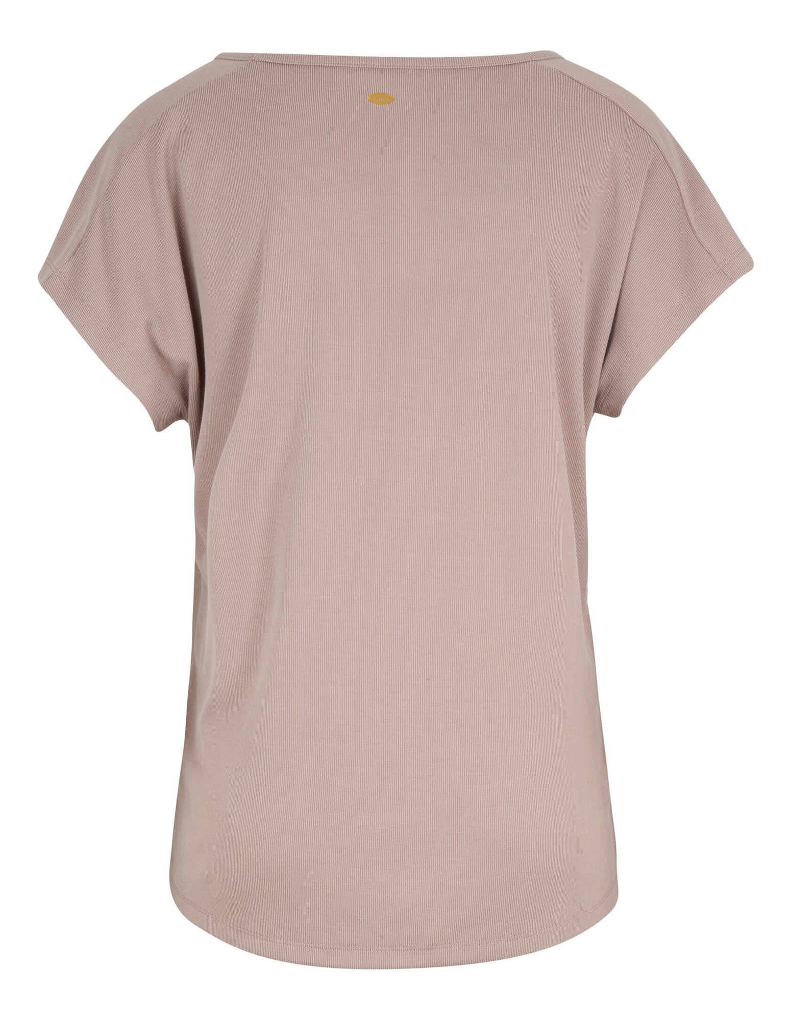 Rückansicht eines gemütlichen hellrosa Freizeit-T-Shirts mit kurzen Ärmeln.