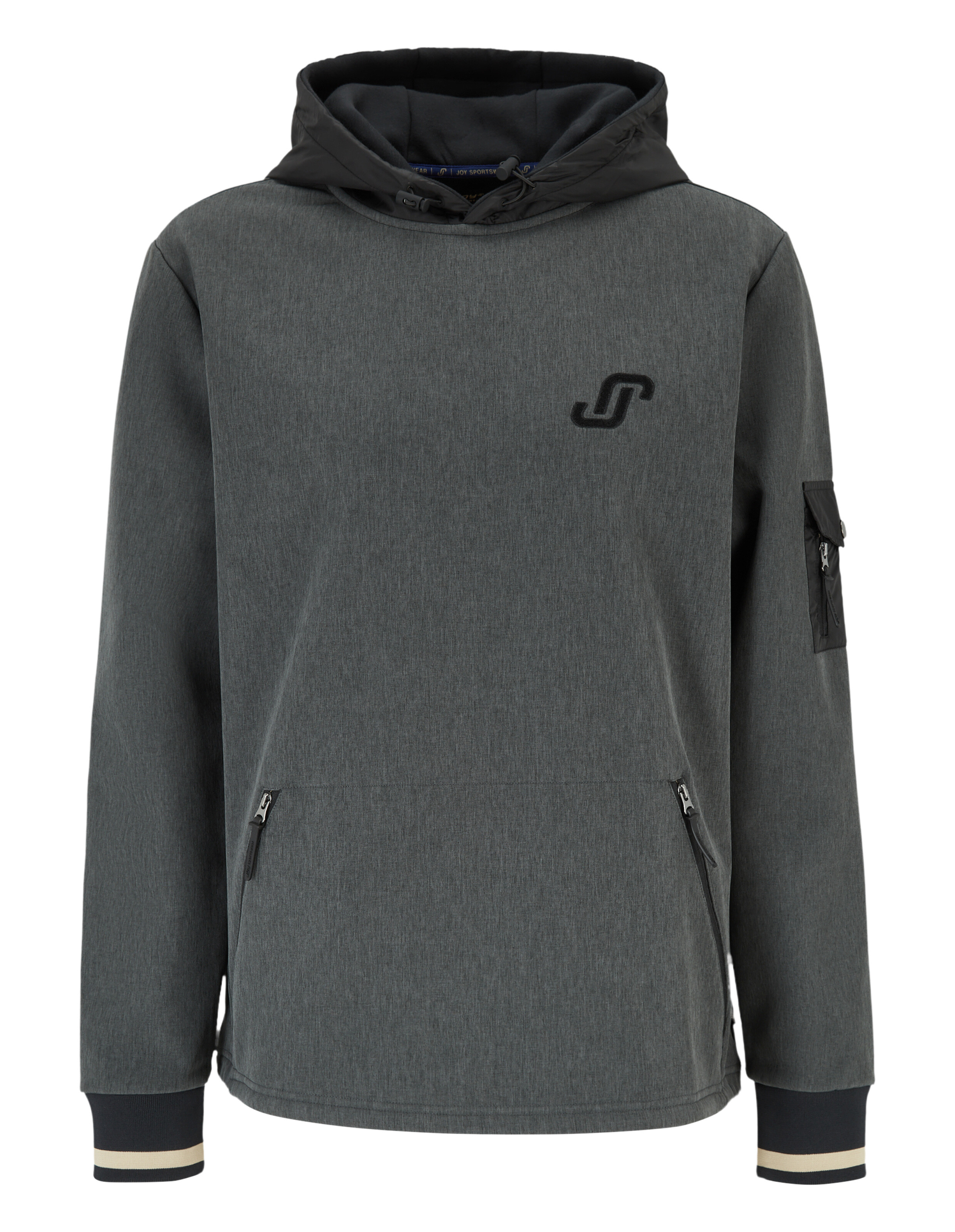 Dunkelgrauer, lässiger Kapuzenpullover mit schwarzer Kapuze, Reißverschlusstaschen und Ärmeldetails.