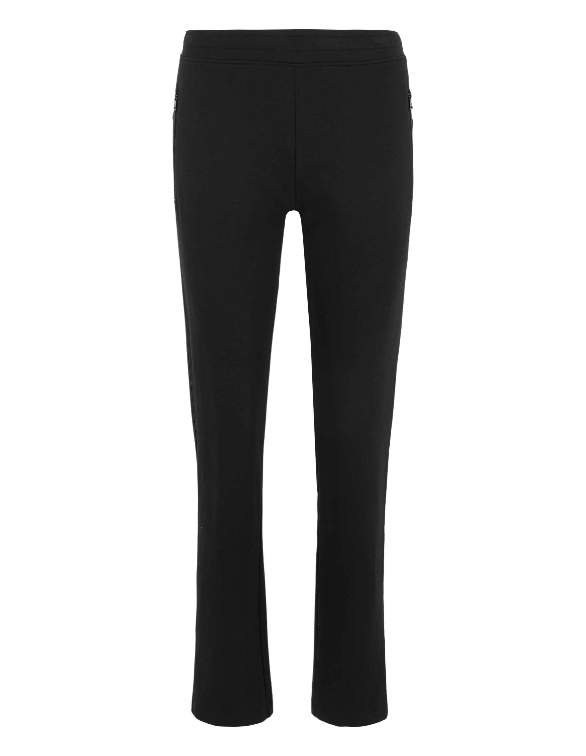 Schwarze, gerade geschnittene Damenhose mit elastischem Bund, ohne sichtbare Taschen, vor weißem Hintergrund abgebildet.