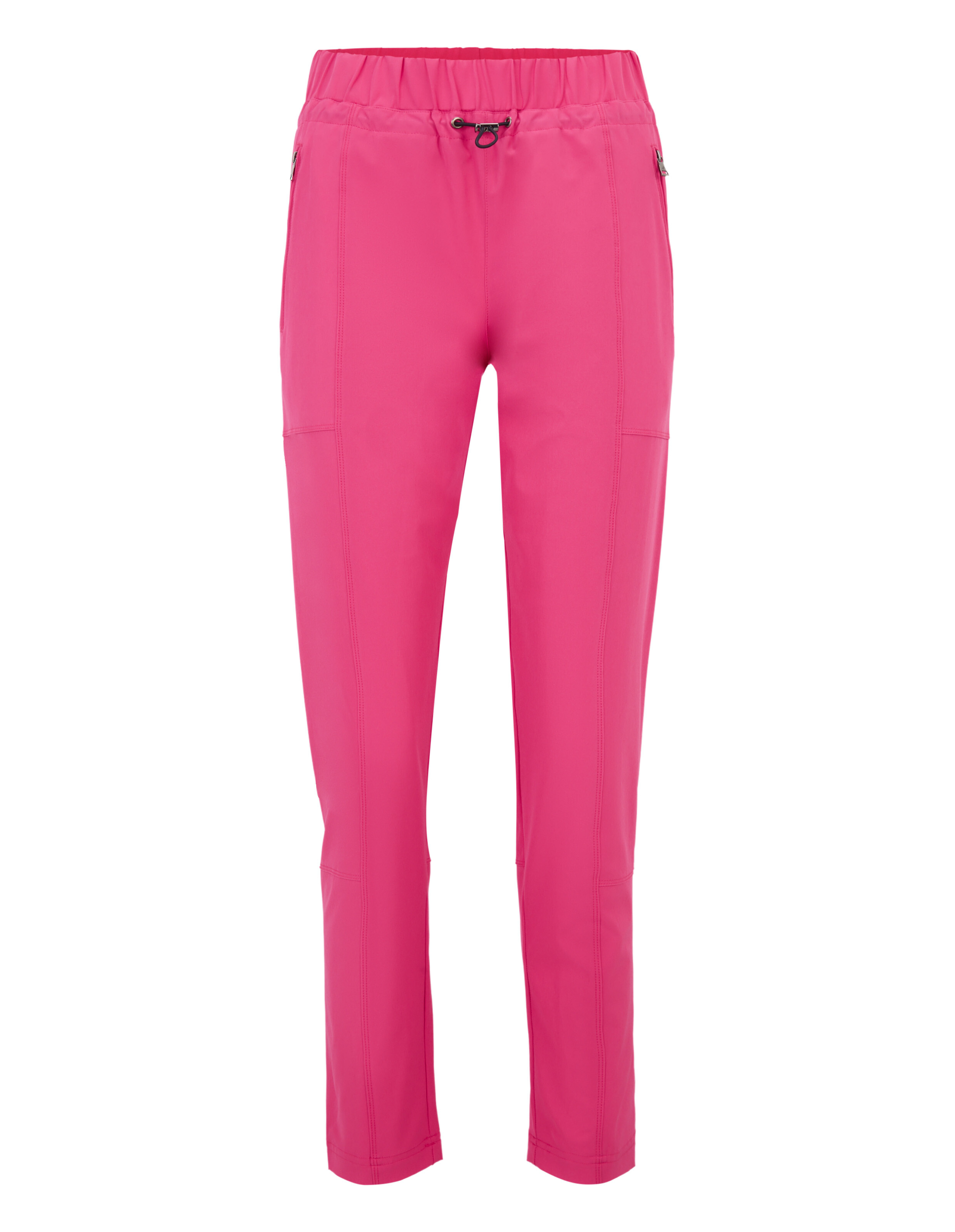 Leuchtend pinke, lange Hose mit elastischem Bund und Kordelzug, zwei seitlichen Taschen und glattem, leicht glänzendem Stoff.