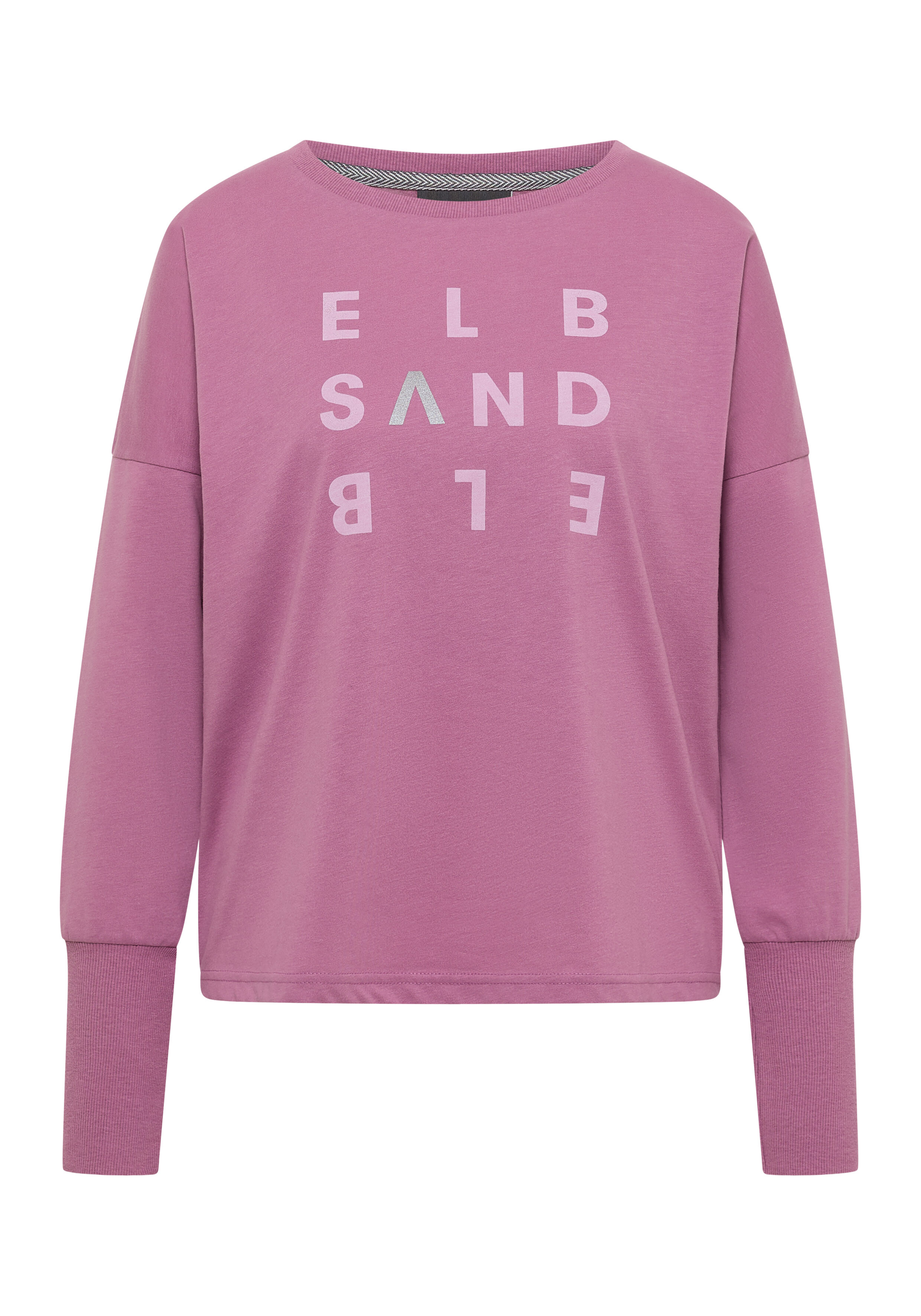 Mauvefarbenes, langärmliges ELBSAND-Freizeit-Sweatshirt mit Logo-Print und gerippten Bündchen.