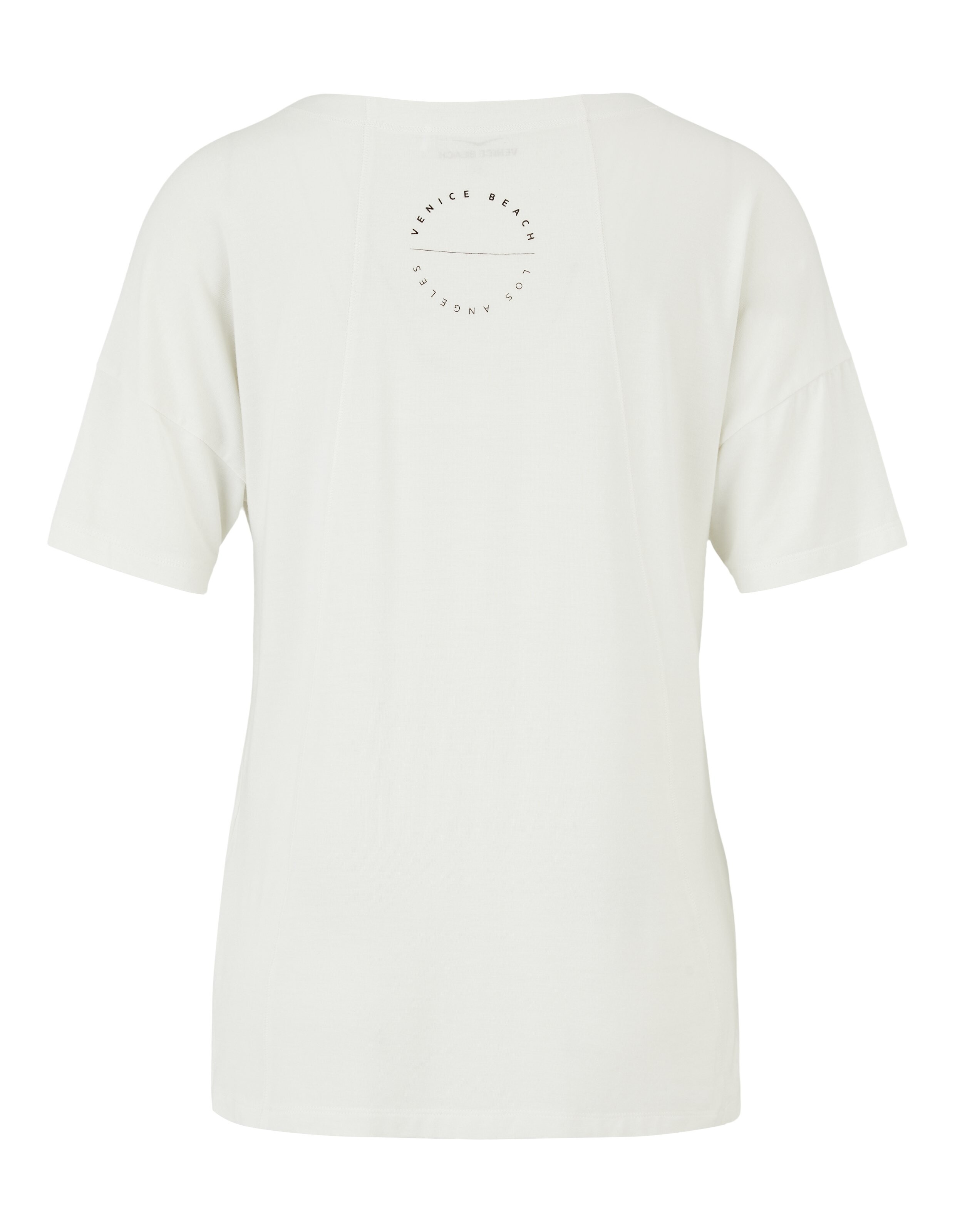 Rückansicht eines weißen Freizeit-T-Shirts mit Aufdruck „Venice Beach Los Angeles“.