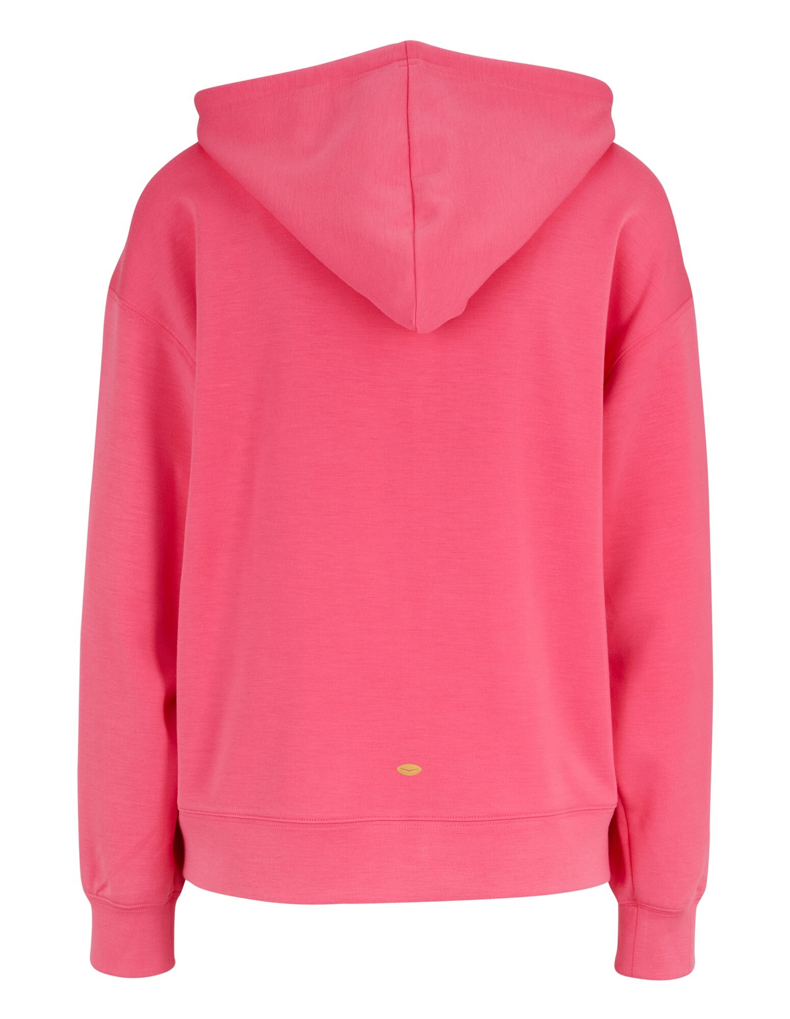 Rückansicht eines gemütlichen rosa Kapuzenpullovers mit lockerer Passform und Kapuze.