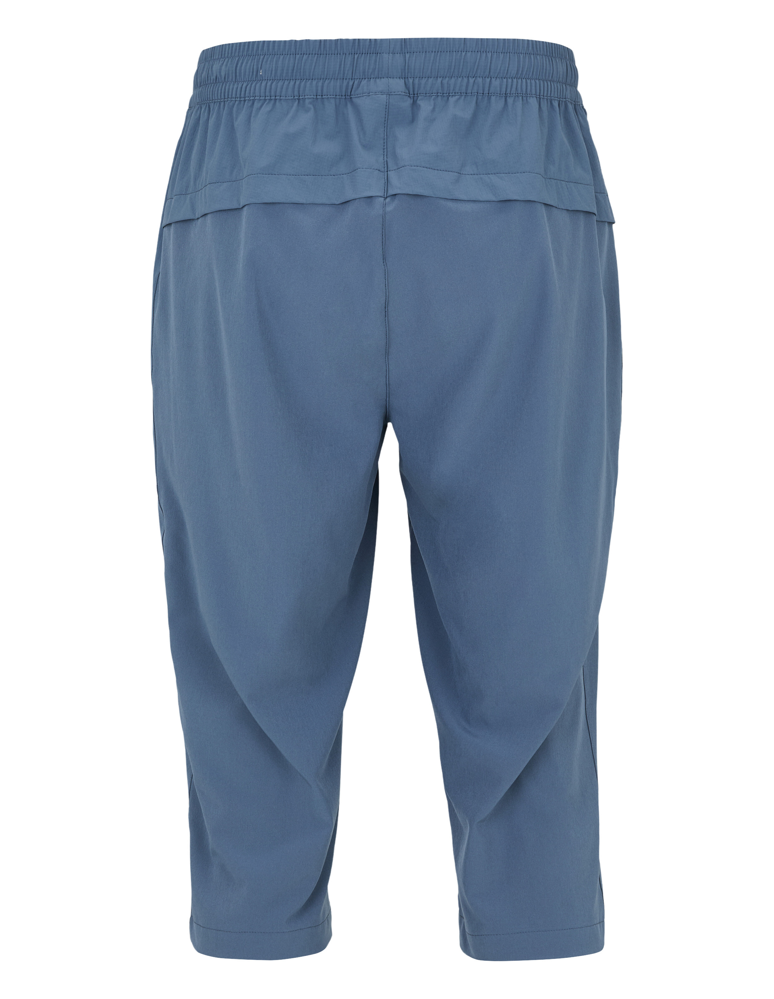 Eine blaue Hose mit elastischem Bund und weiten Beinen, die bis zum Knie reichen.