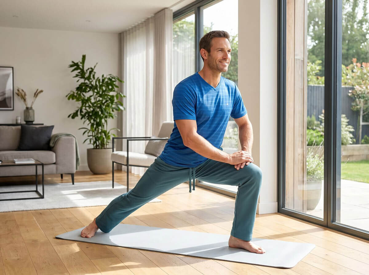 Mann praktiziert Yoga in blauem Hemd und grüner Hose in einem hellen Wohnzimmer.