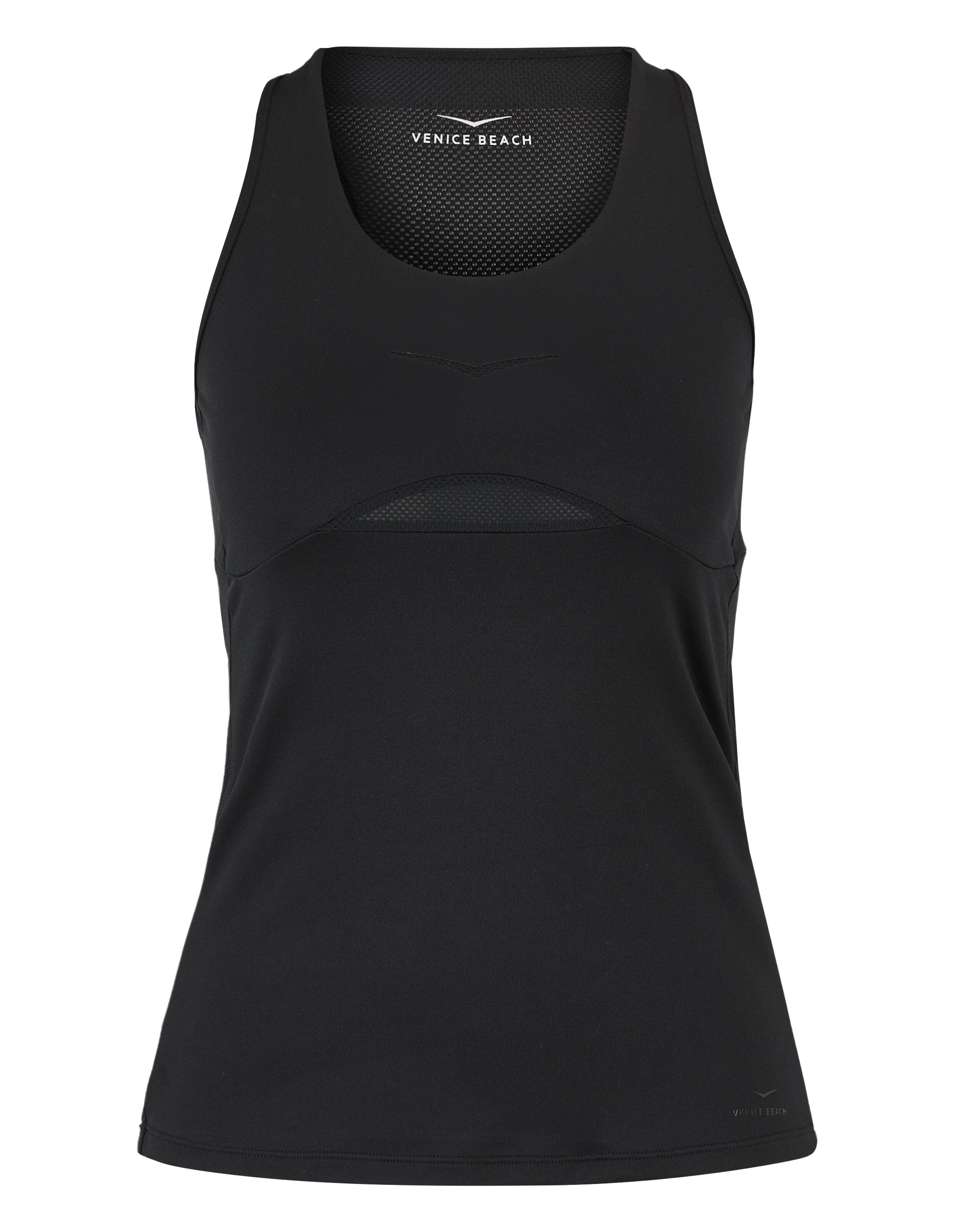 Schwarzes Racerback-Tanktop von Venice Beach mit Mesh-Details für lässige Sportbekleidung.