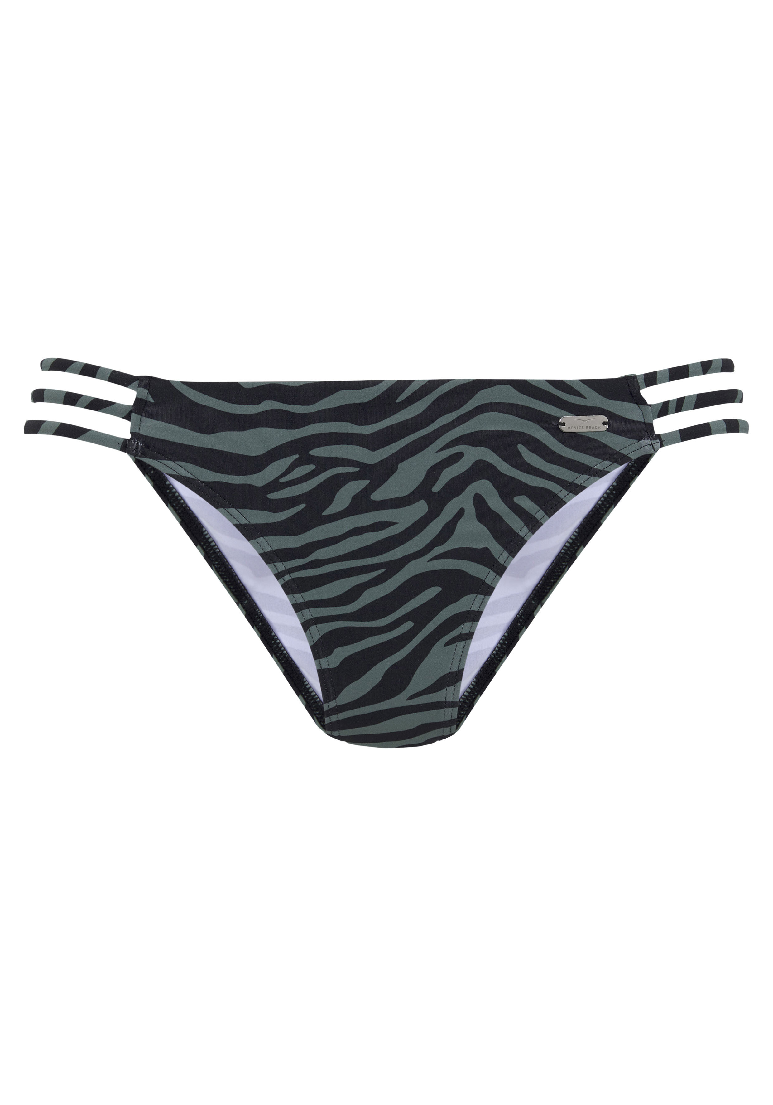 Bikinihose „Stella“ von Venice Beach mit dunkelgrünem Zebramuster und seitlichen Trägern.
