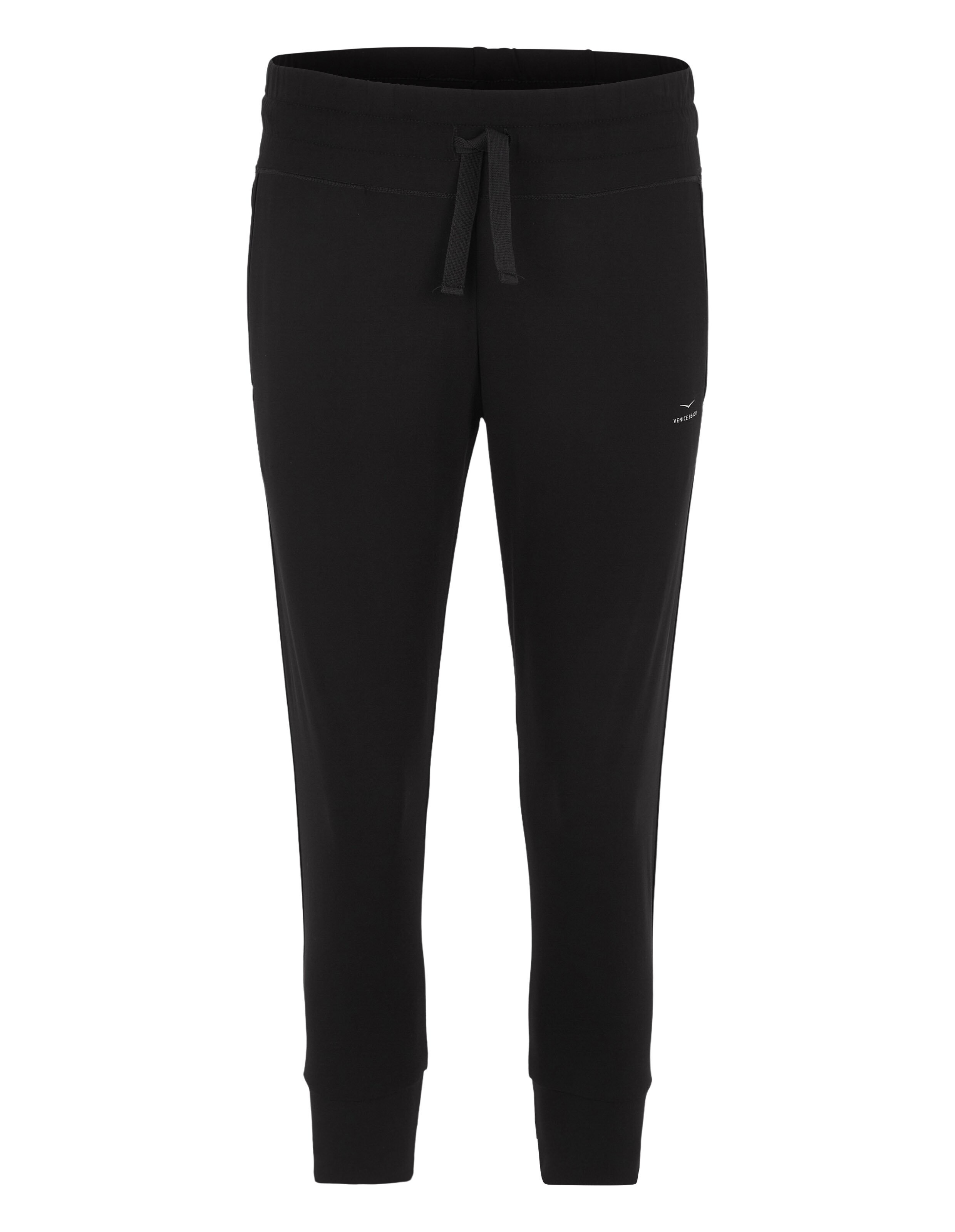 Schwarze, lässige Jogginghose mit elastischem Bund und Bündchen an den Knöcheln.