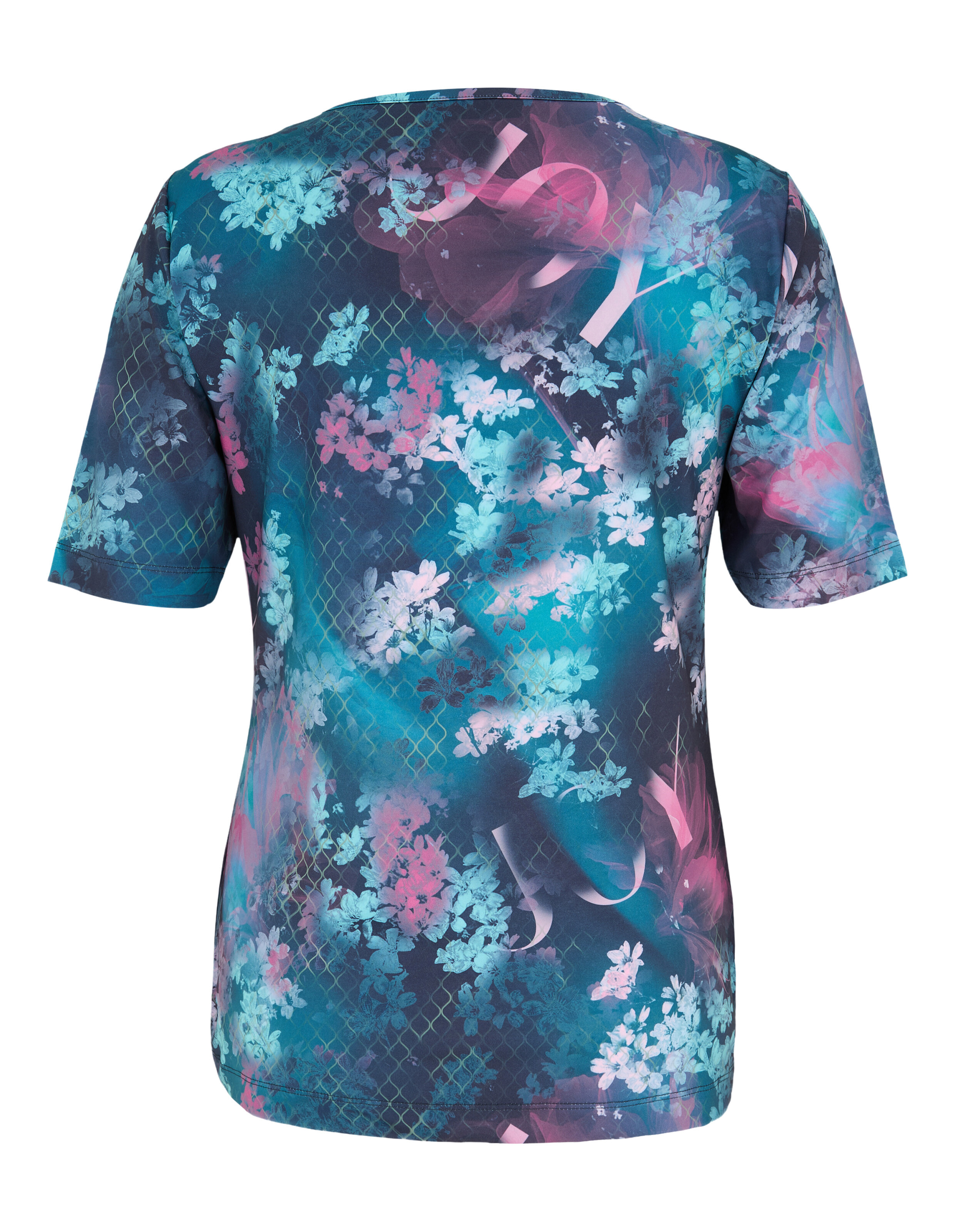 Kurzarm-Top mit Blumenmuster in Blau- und Rosatönen, lässiger Stil.