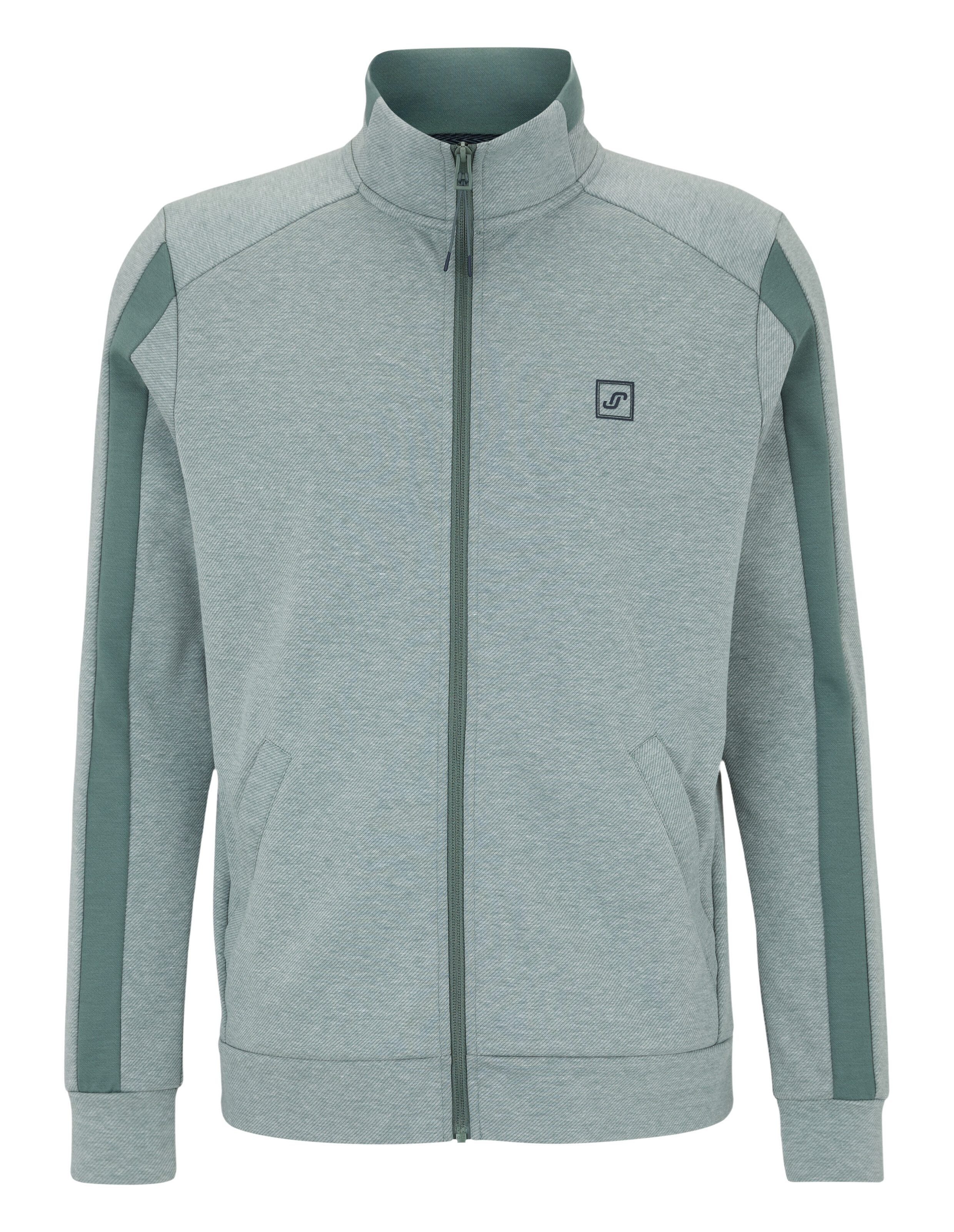 Herren-Reißverschlussjacke in Hellgrau mit grünen Akzenten, perfekt für Freizeitkleidung.