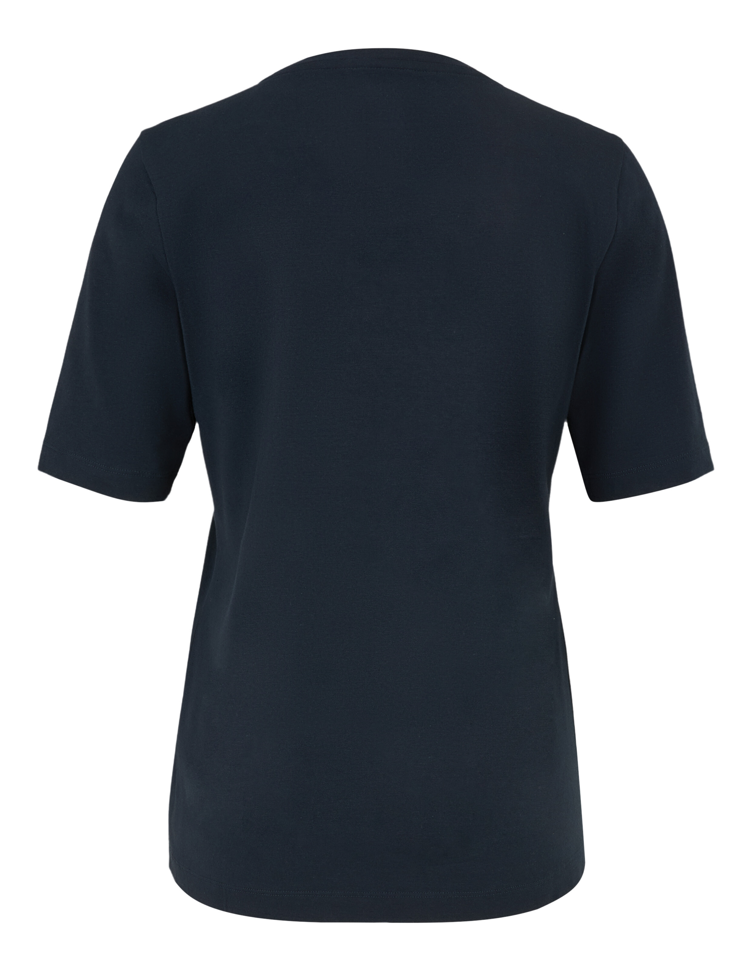 Rückansicht eines schlichten marineblauen, lässigen Kurzarm-T-Shirts für Damen.