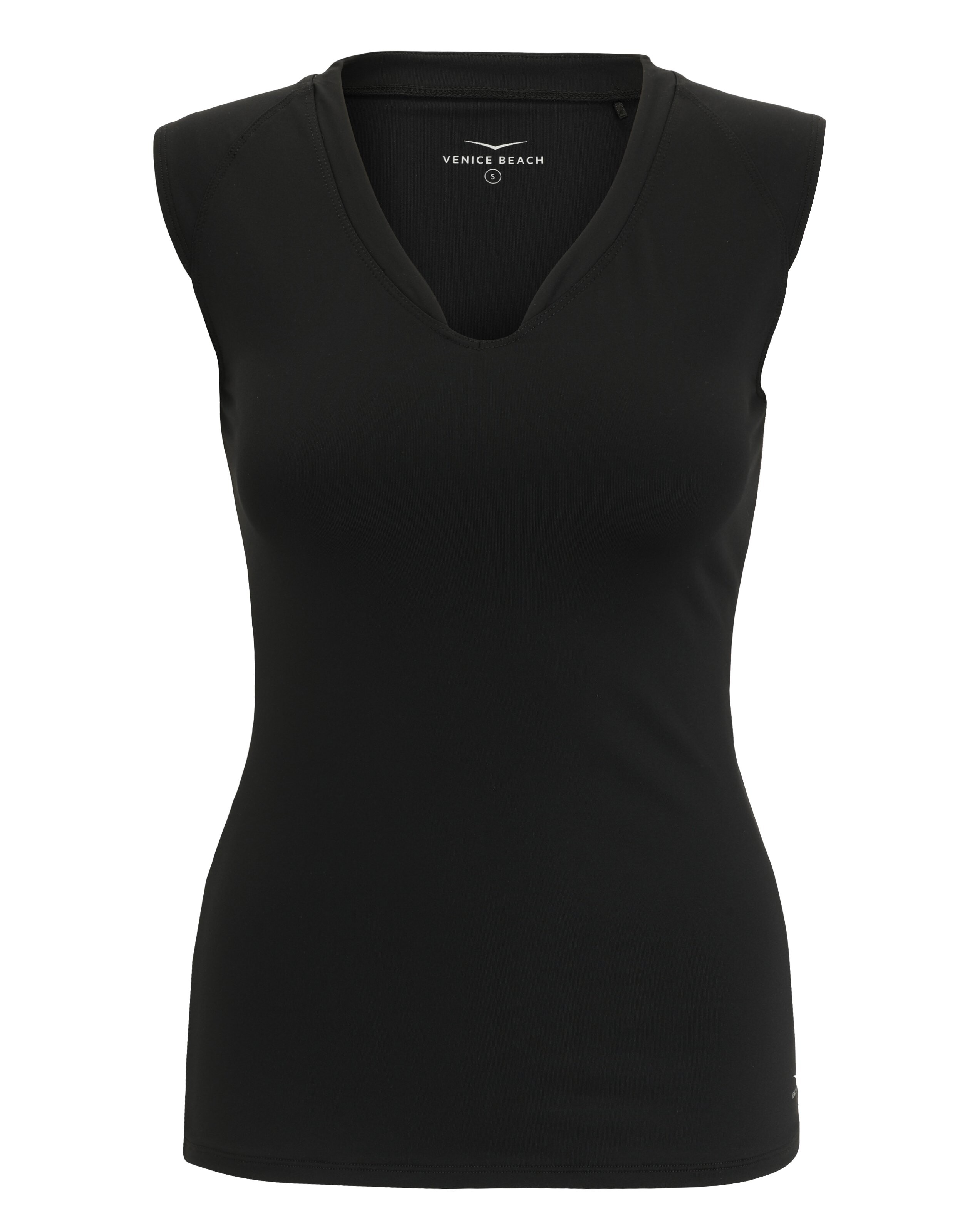 Schwarzes ärmelloses Top mit V-Ausschnitt, ideal für Freizeitkleidung und zum Faulenzen.