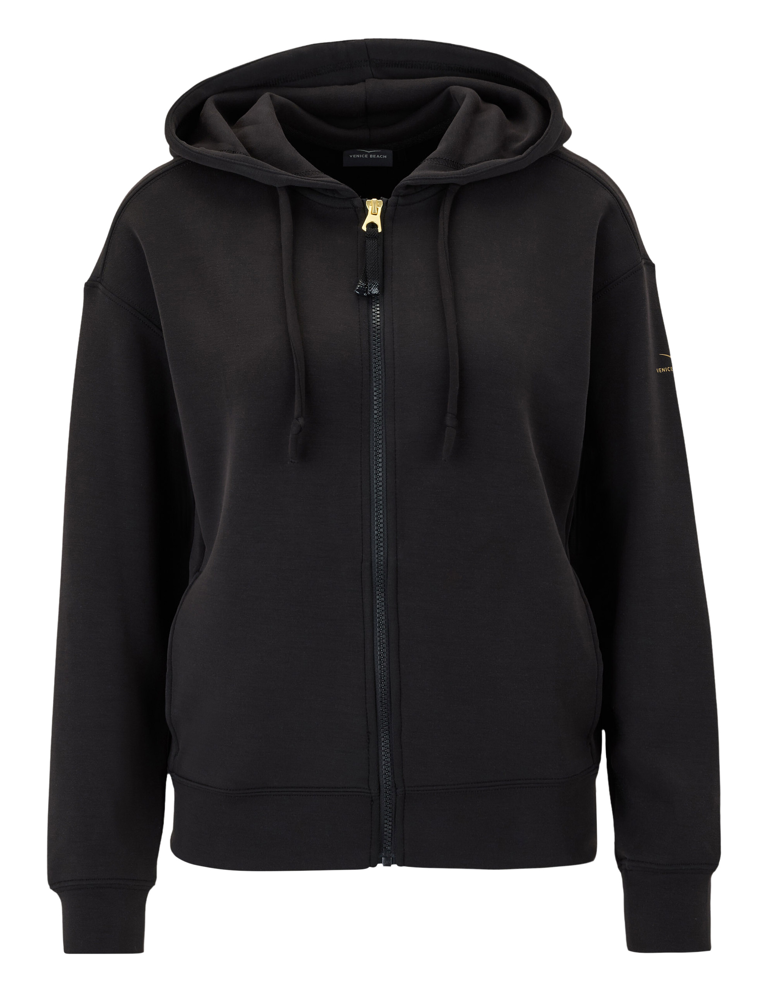 Schwarze Venice Beach Sweatjacke Caylee Kapuzenpullover mit goldenem Reißverschluss für gemütliche Freizeitkleidung.