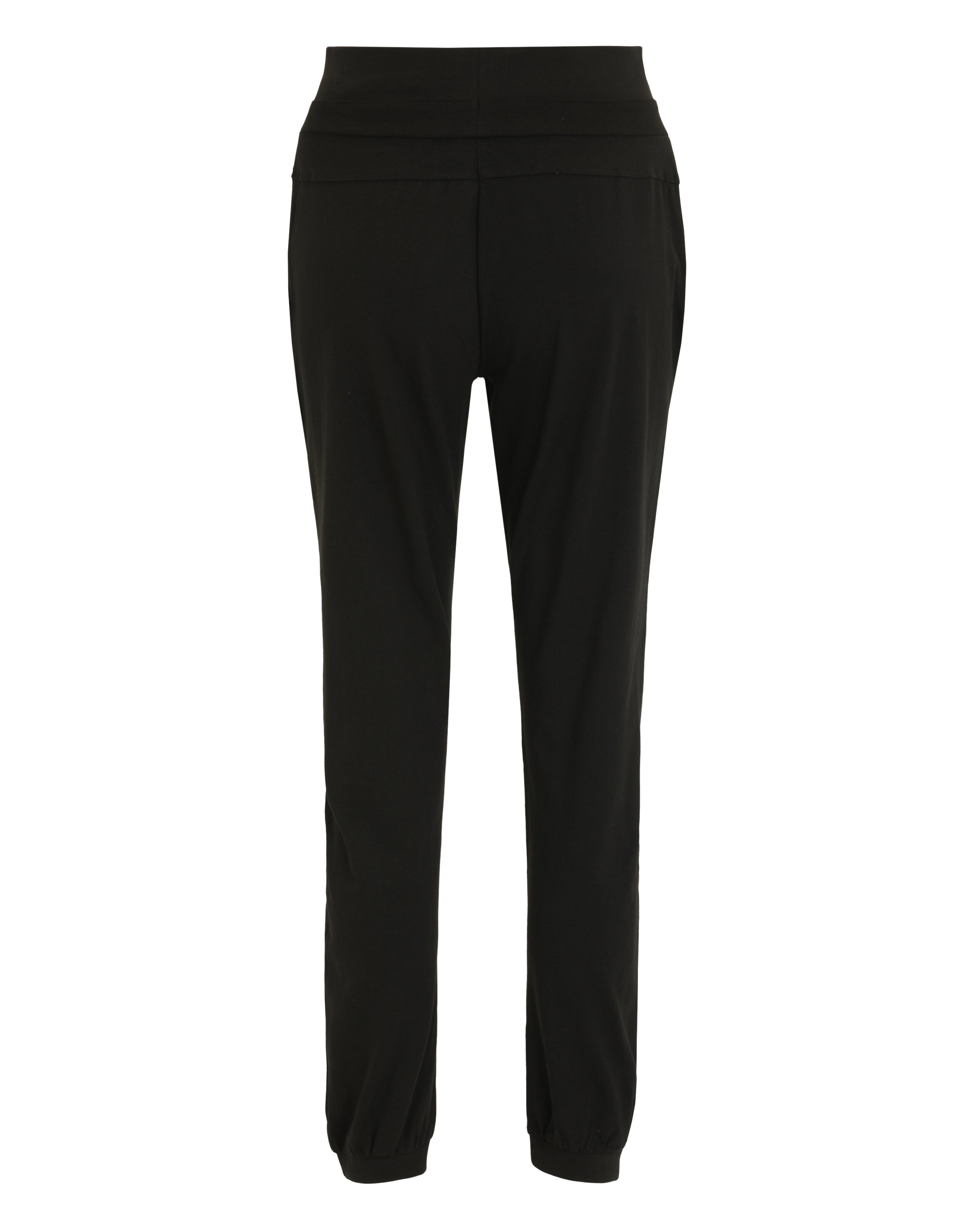 Rückansicht einer schwarzen, lässigen Loungehose mit elastischem Bund und Bündchen am Saum.