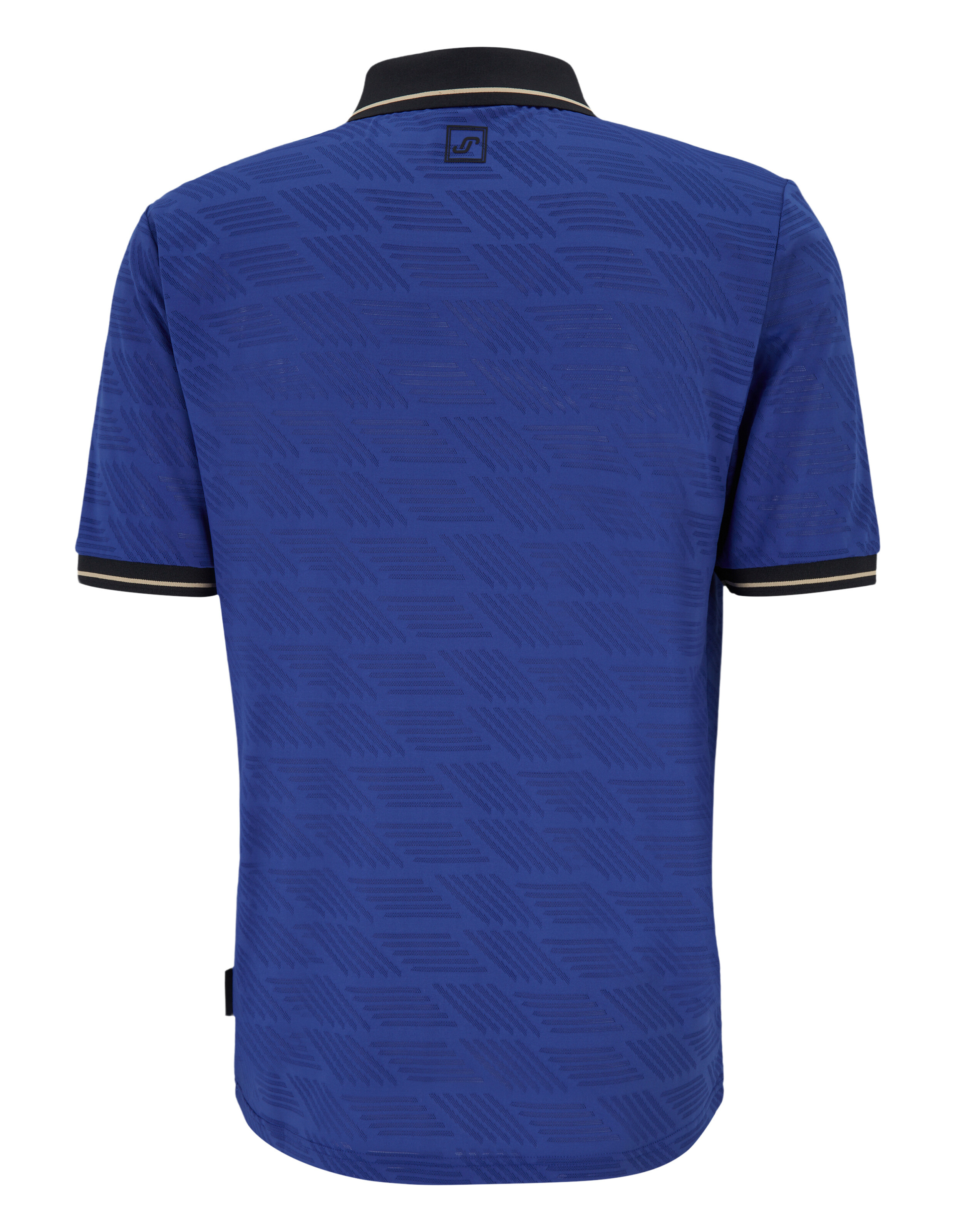Rückansicht eines blau strukturierten Poloshirts mit schwarzem Kragen und Ärmelbesatz.