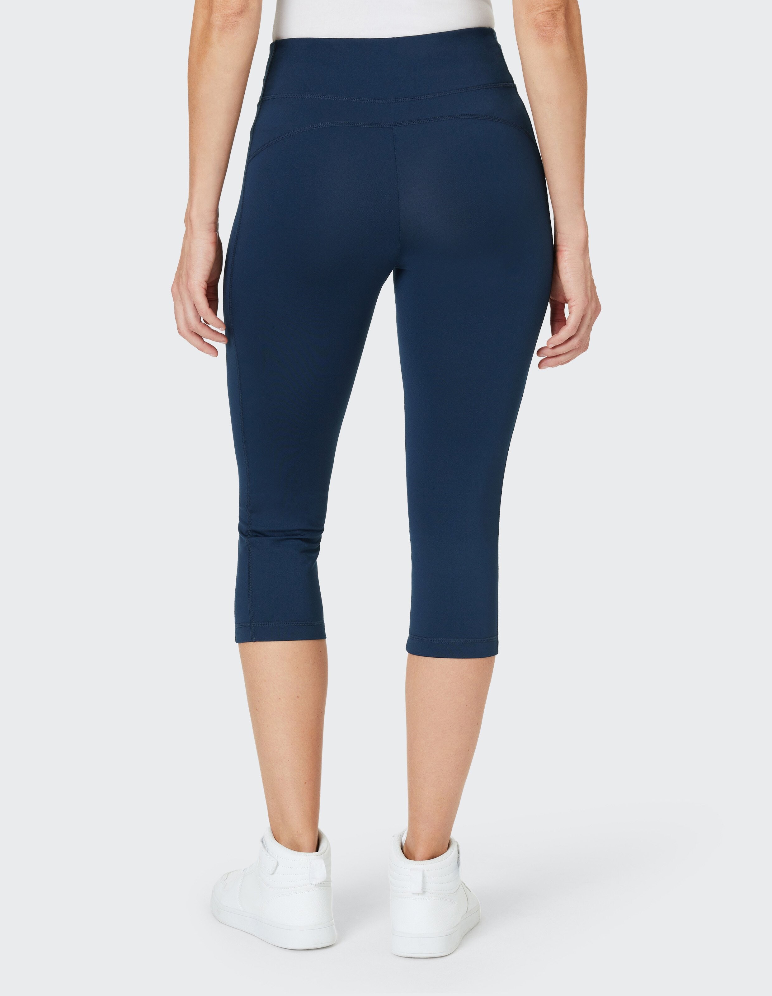 Dunkelblaue Damen-Capri-Leggings mit taillenhohem Bund und schmaler Passform, ideal für Sport oder Freizeitaktivitäten.