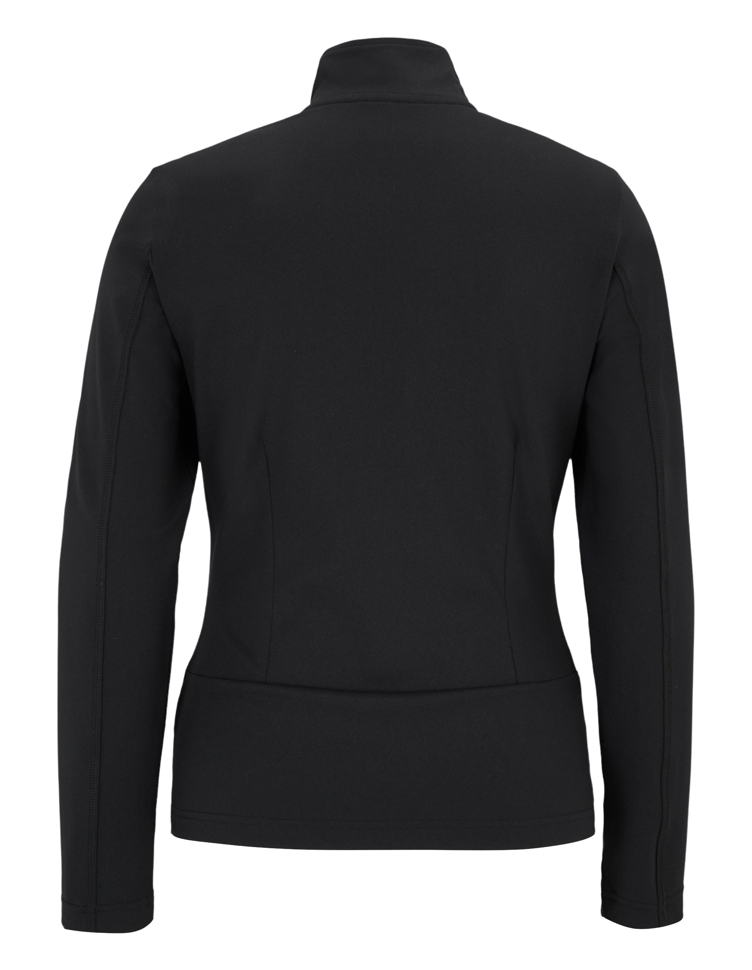 Schwarze Jacke mit durchgehendem Reißverschluss, Stehkragen und langen Ärmeln, schlichtes Design ohne sichtbare Verzierungen.
