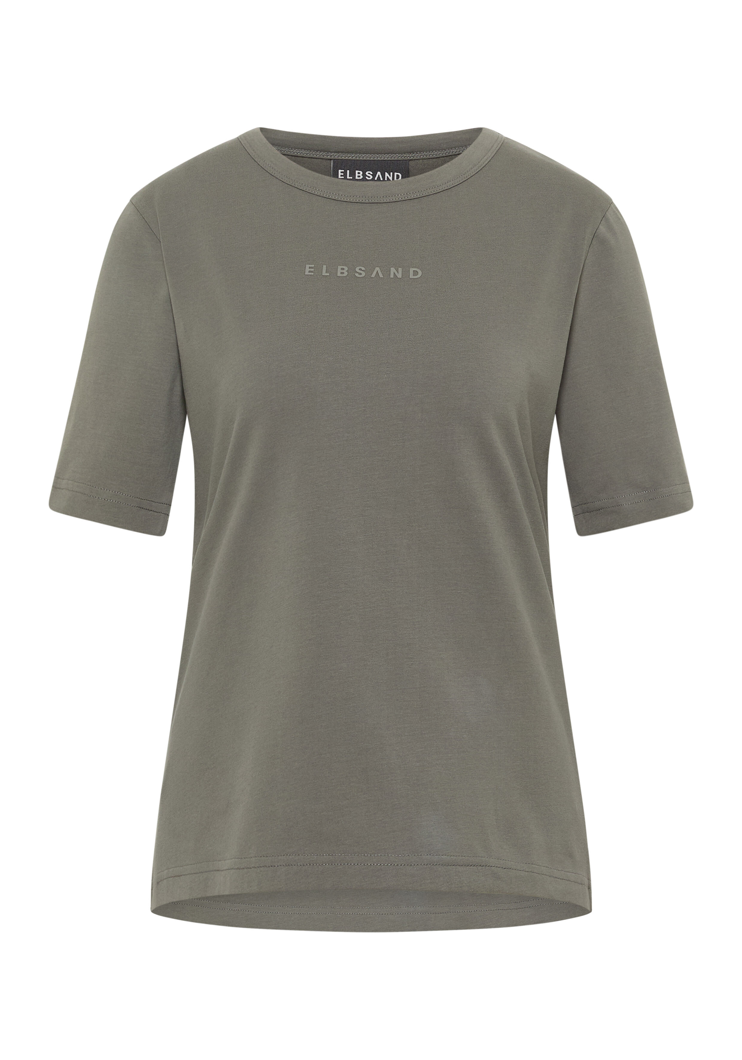 Olivgrünes ELBSAND Freizeit-T-Shirt mit kurzen Ärmeln und Logo-Print.