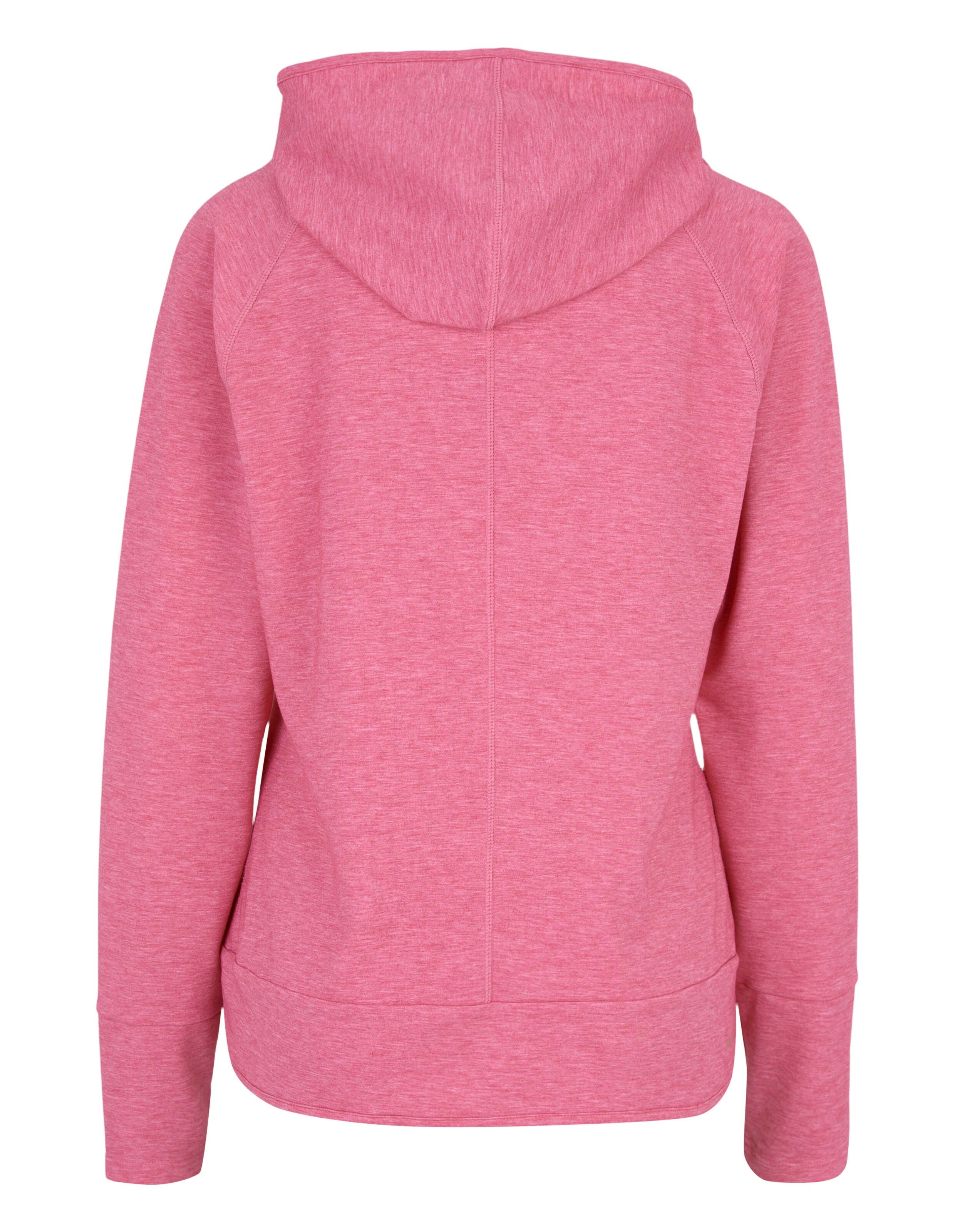 Rückansicht eines gemütlichen rosa Kapuzenpullovers mit lockerer Passform und Kapuze.