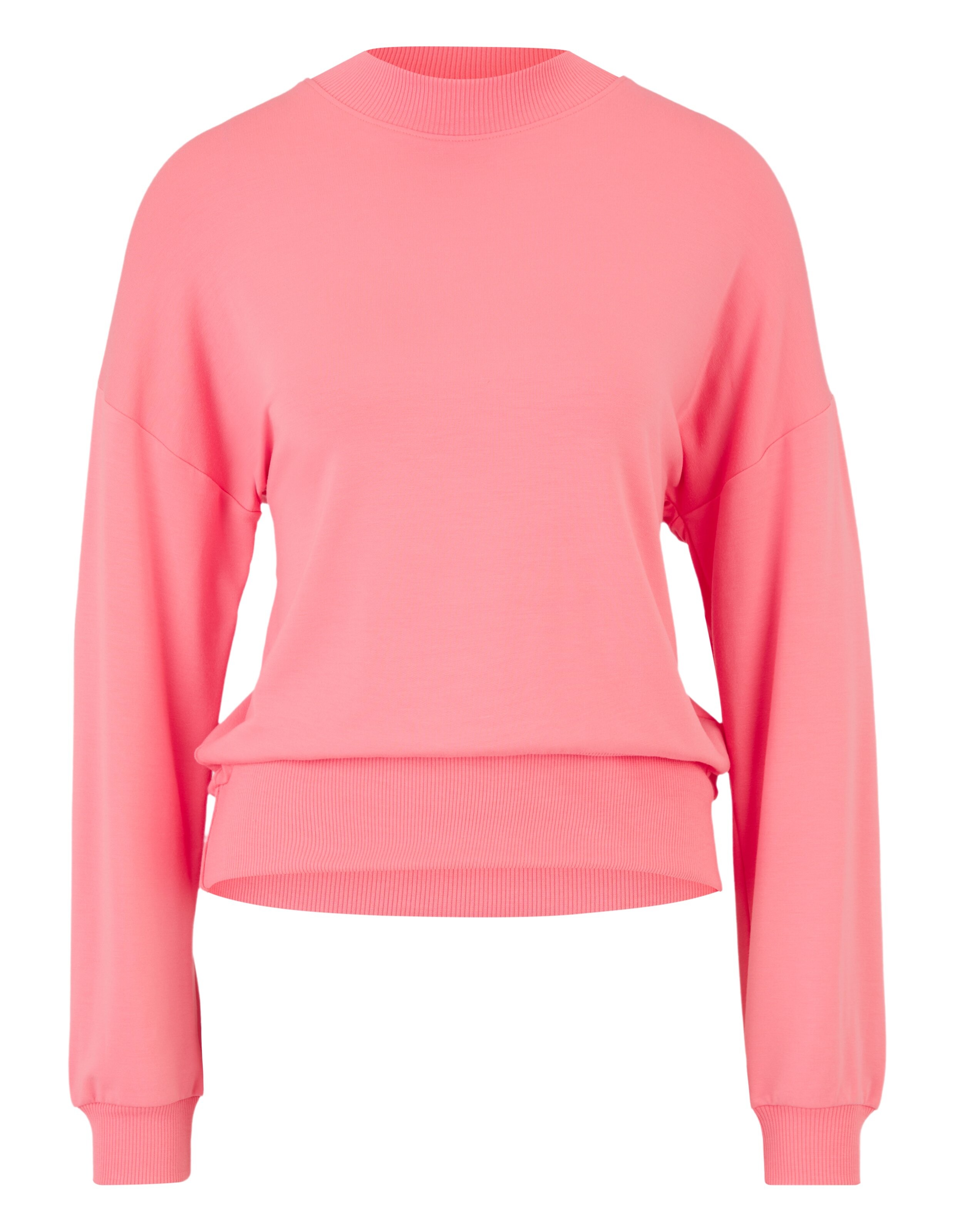 Kuscheliges rosafarbenes Langarm-Sweatshirt mit geripptem Stehkragen für lässige Lounge-Kleidung.