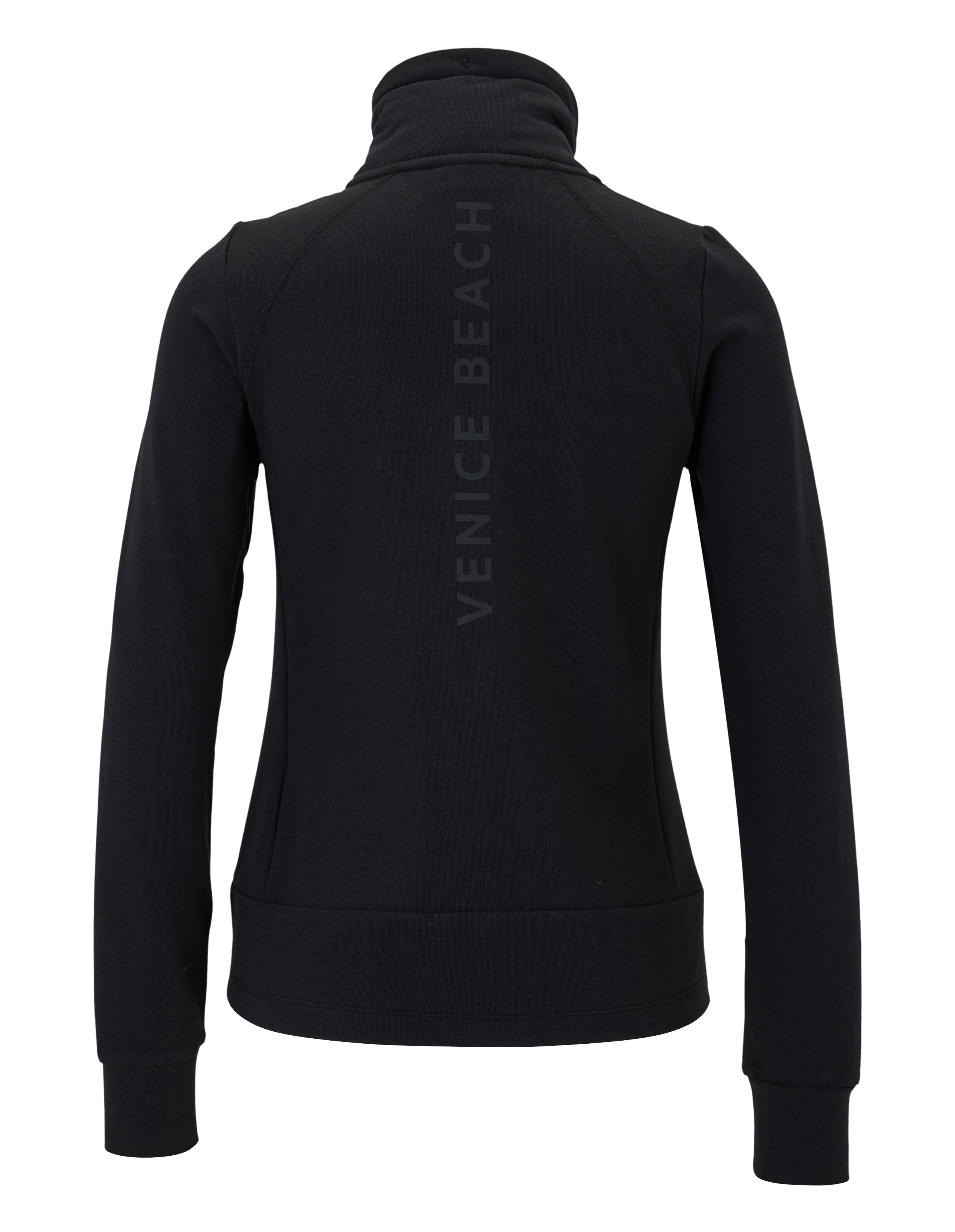 Rückansicht einer schwarzen, gemütlichen Reißverschlussjacke mit Venice Beach-Branding für Freizeitkleidung.