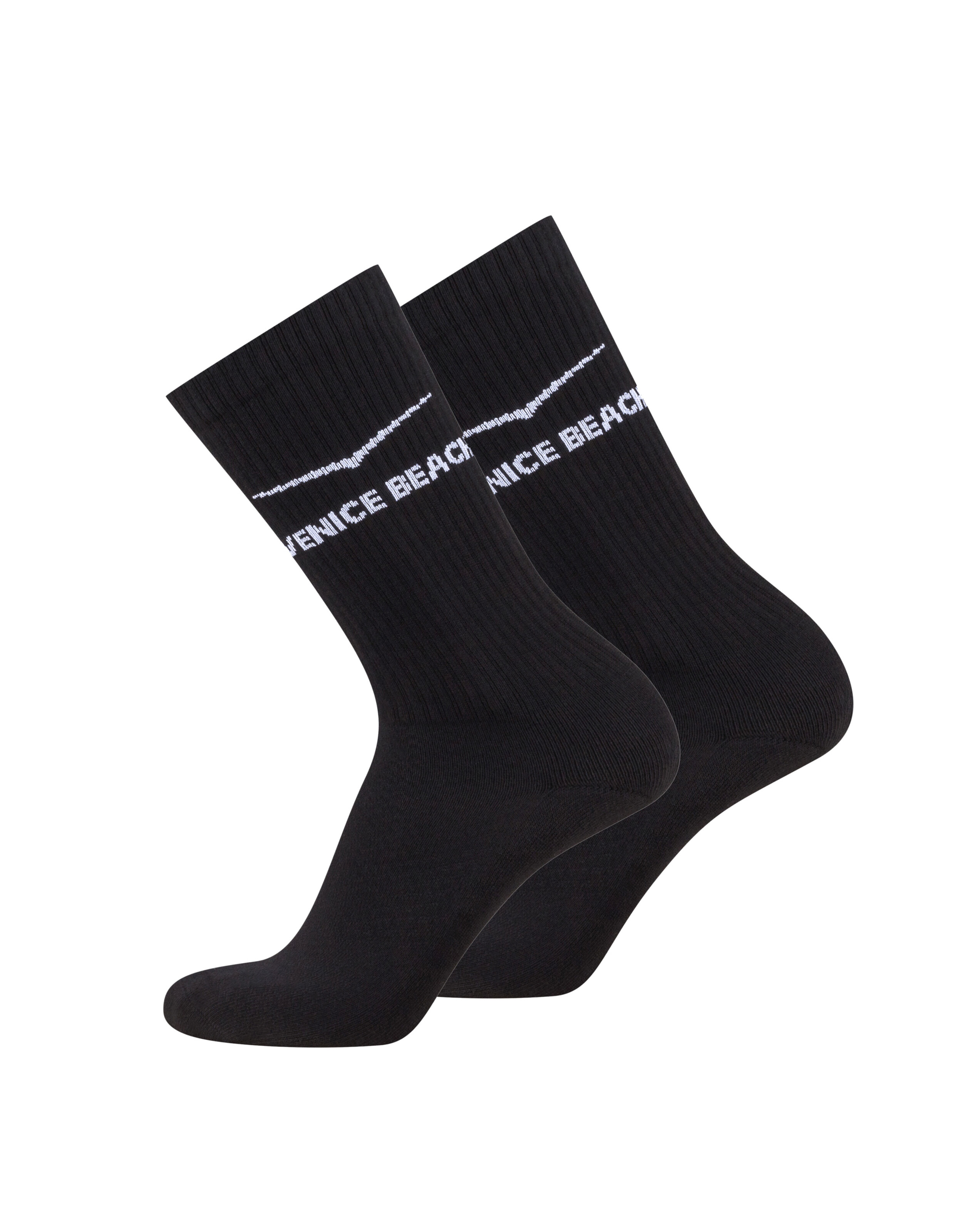 Paar schwarze, gerippte Freizeitsocken von Venice Beach mit weißem Logo-Branding.