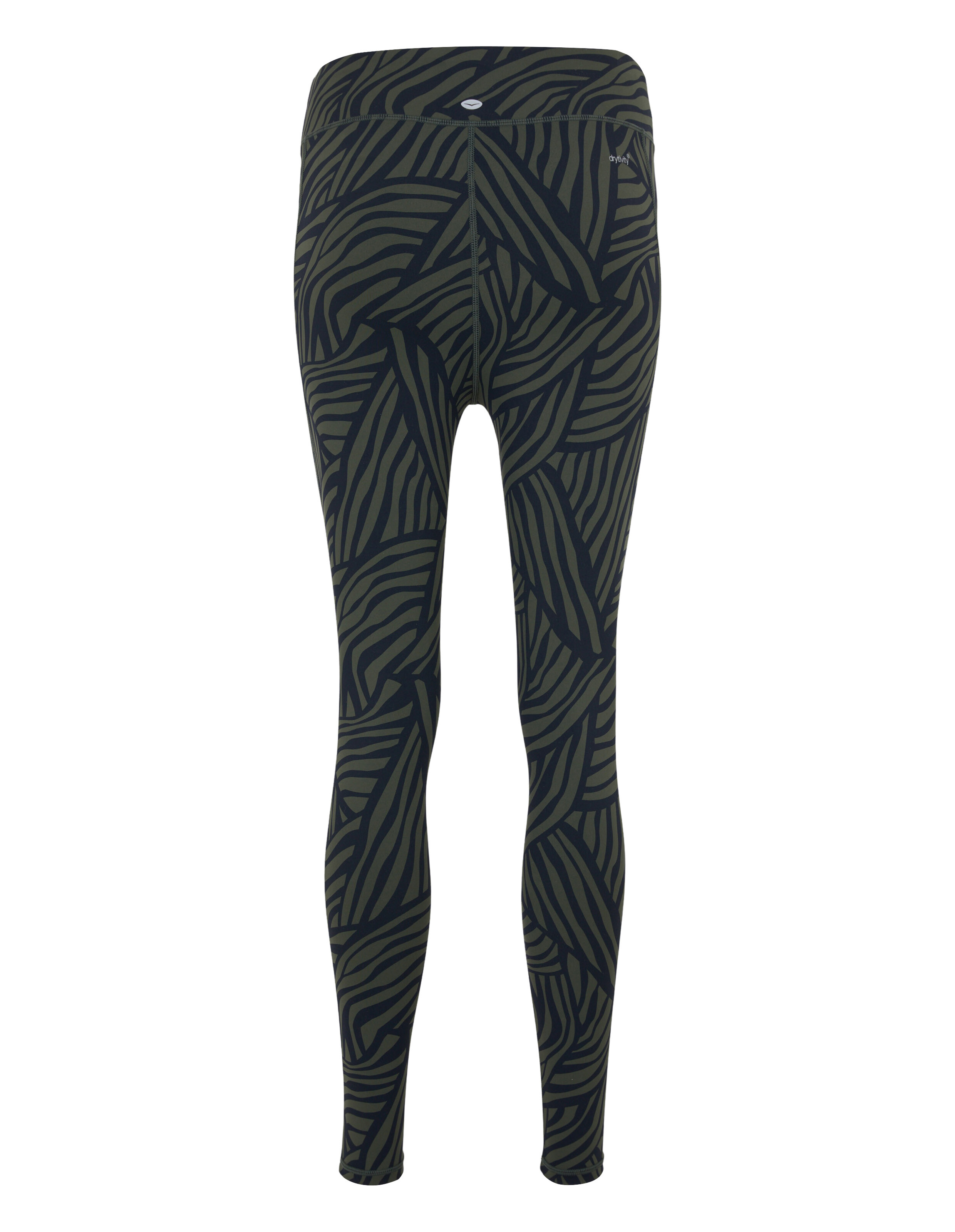 Olivgrün und schwarz gemusterte Leggings mit hohem Bund für Freizeitkleidung.