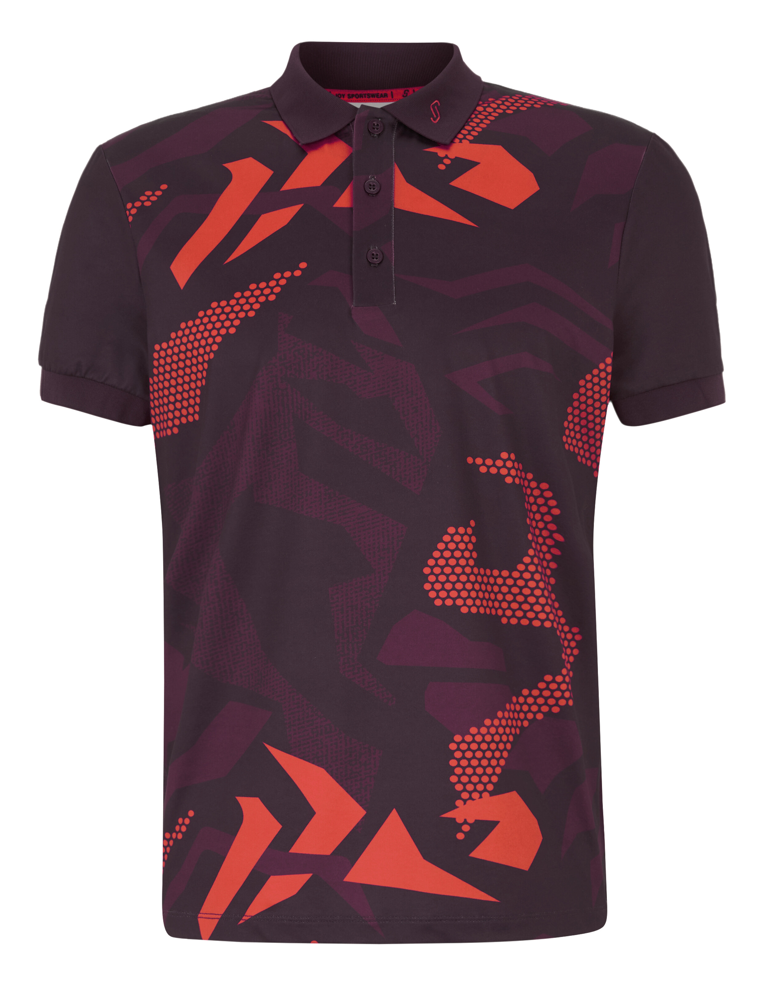 Kurzarm-Poloshirt für Herren in Dunkelviolett mit kräftigen roten geometrischen Mustern, perfekt für Freizeitausflüge.