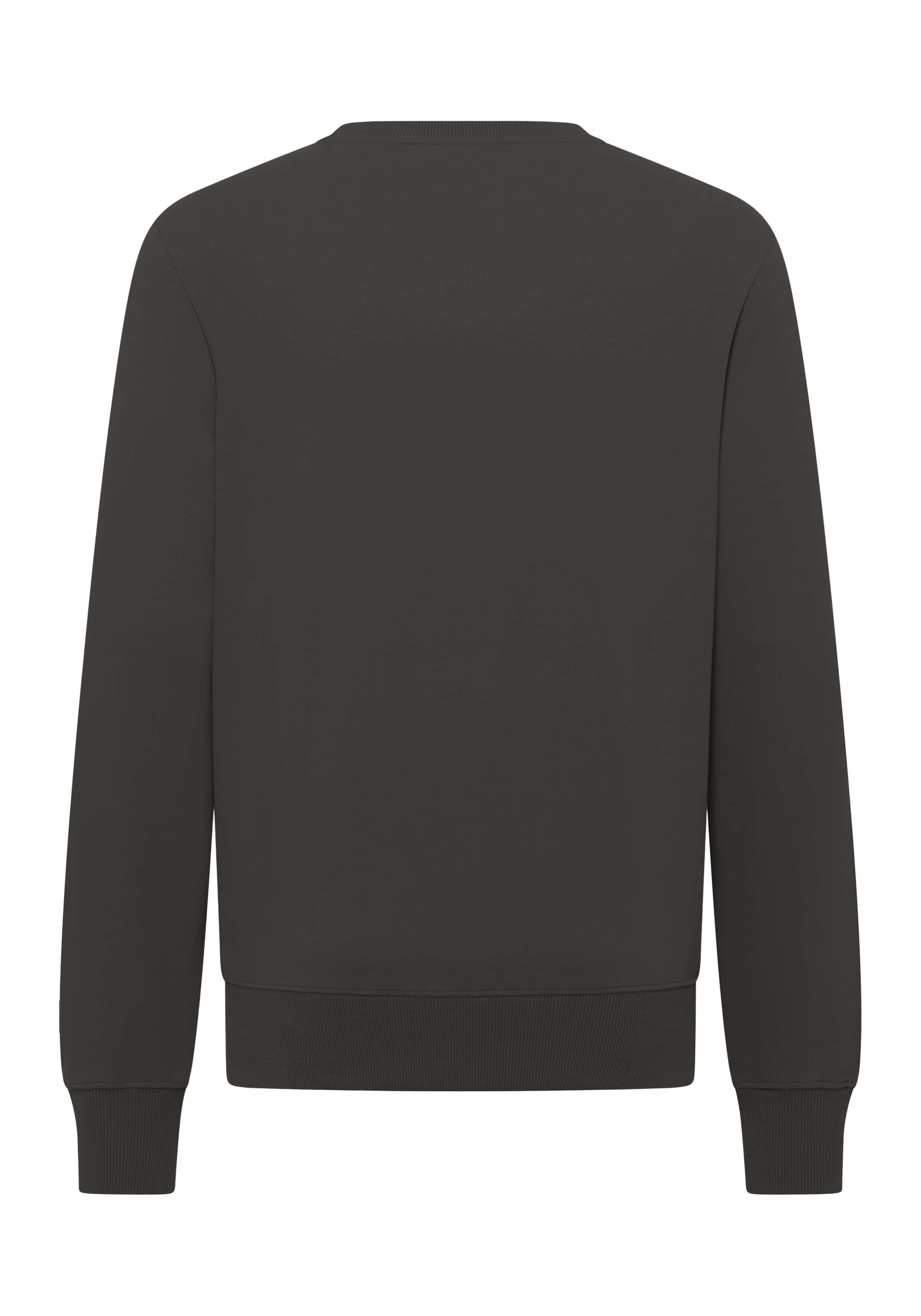 Rückansicht eines dunkelgrauen, gemütlichen, lässigen Sweatshirts mit gerippten Bündchen und Saum.