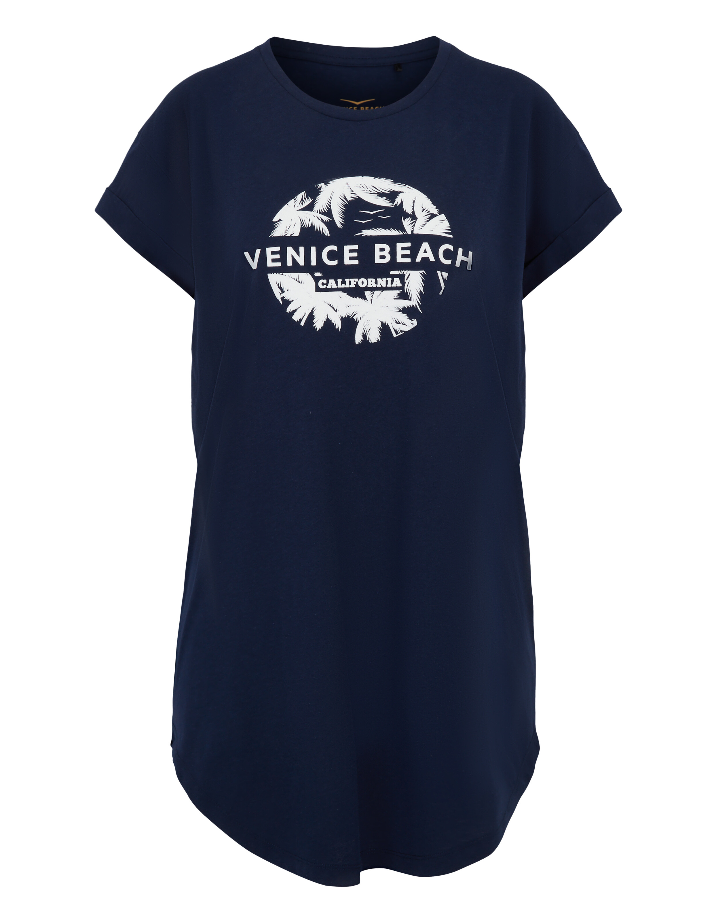 Marineblaues Venice Beach Isabella Kurzarmhemd mit Palmengrafik.