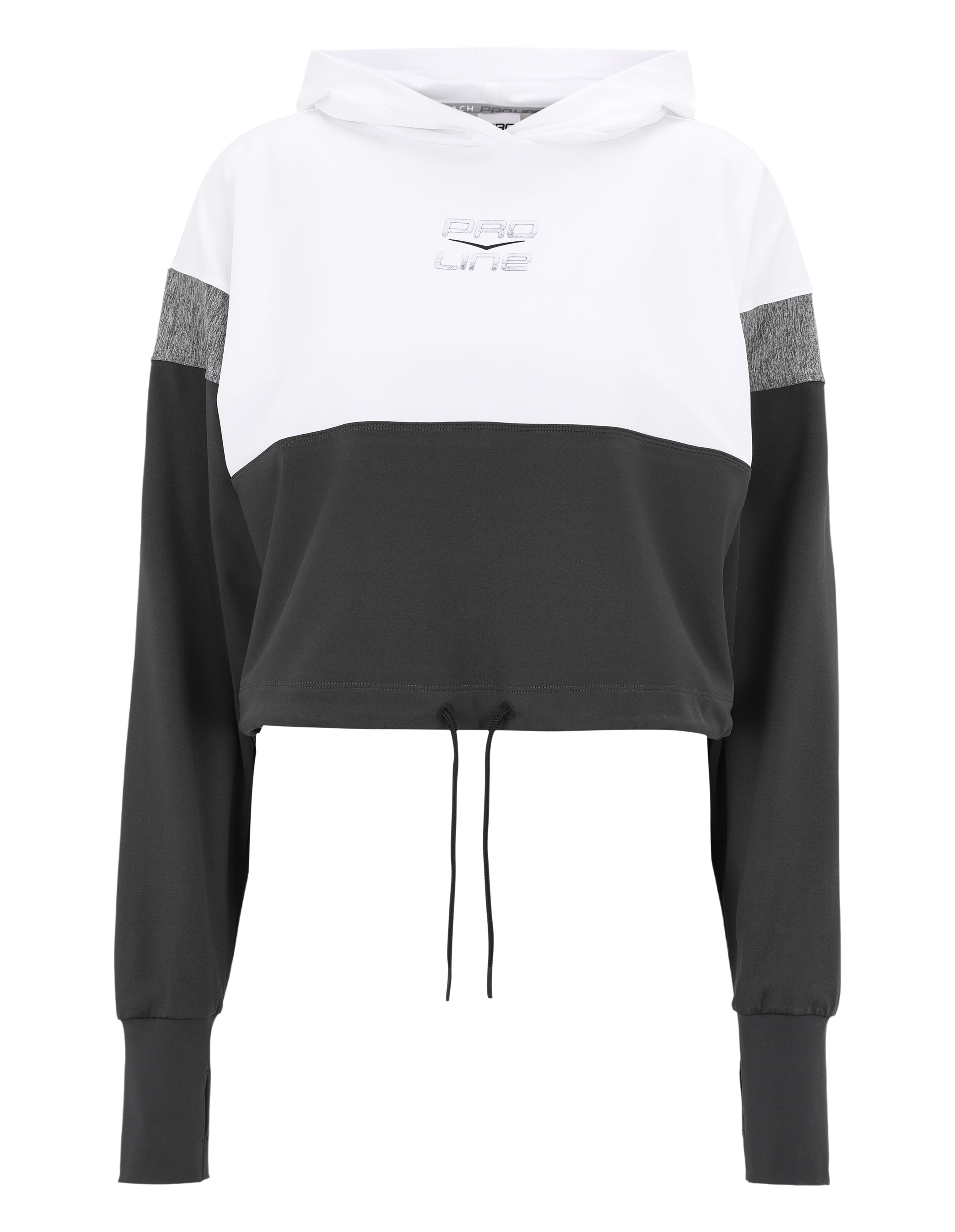 Kurz geschnittener Kapuzenpullover in Farbblockierung in Weiß, Grau und Schwarz für lässige Lounge-Kleidung.
