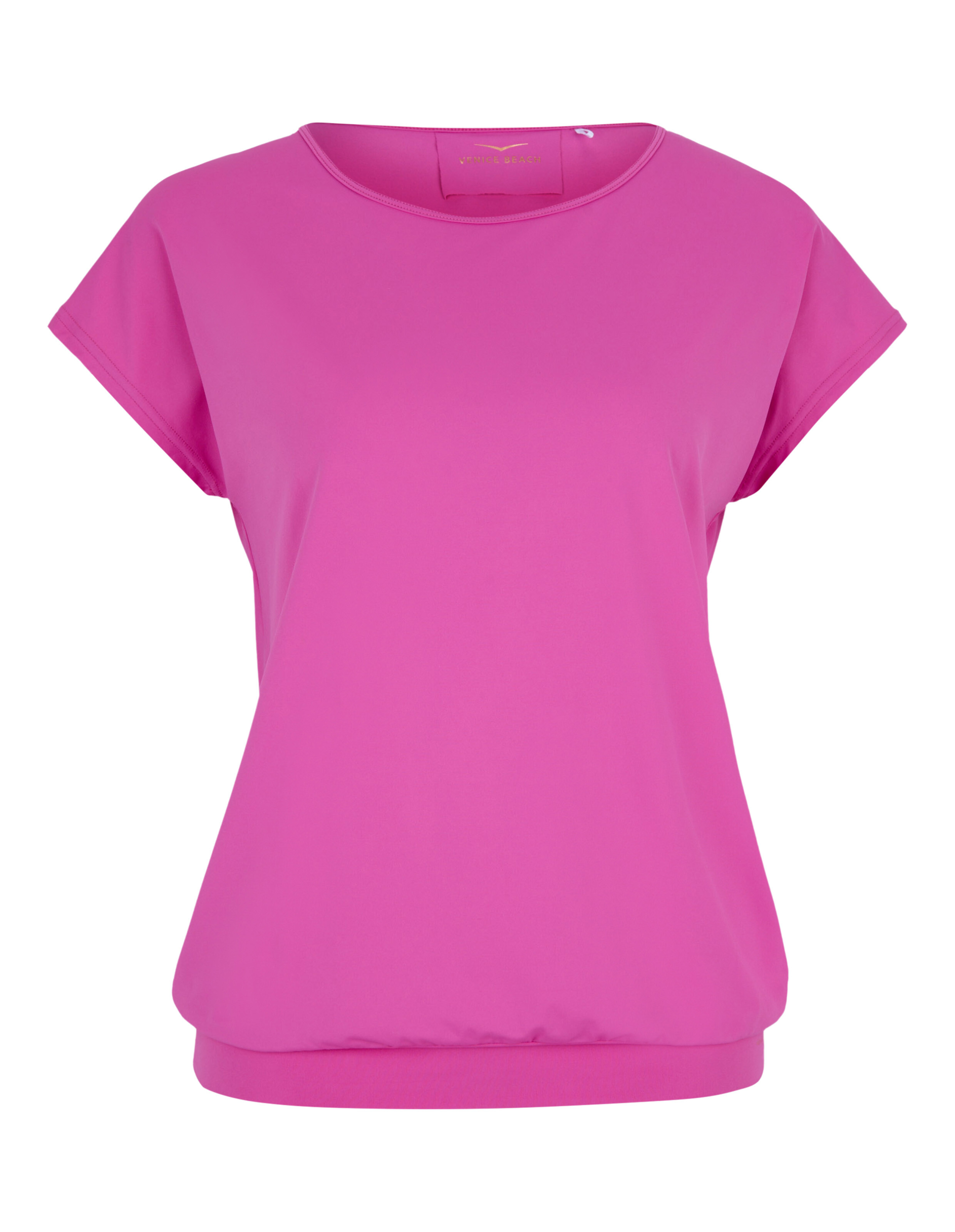 Rosafarbenes, lässiges Kurzarm-T-Shirt mit abgerundetem Saum für bequemen Tragekomfort im Alltag.
